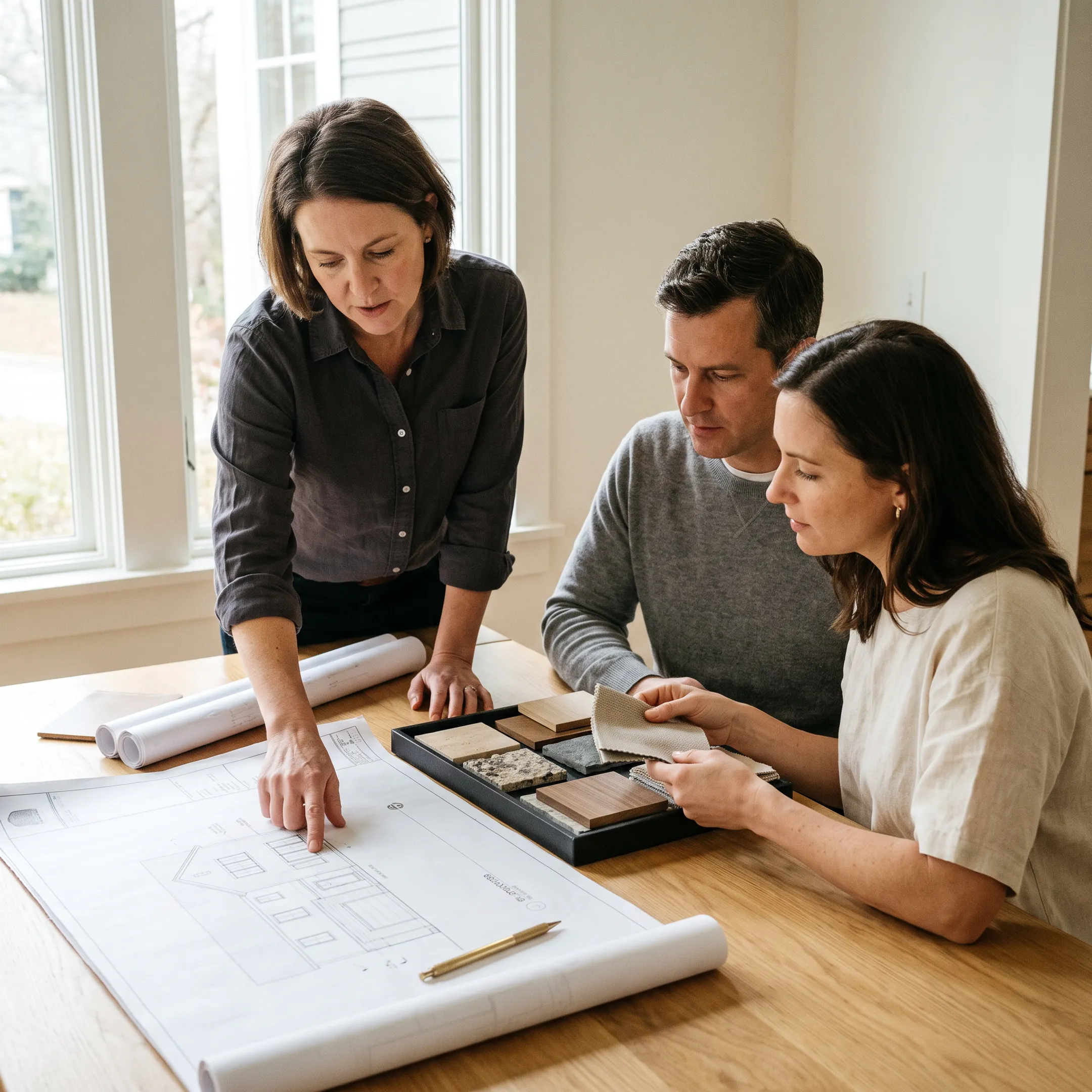Architect reviewing residential remodeling plans with homeowners