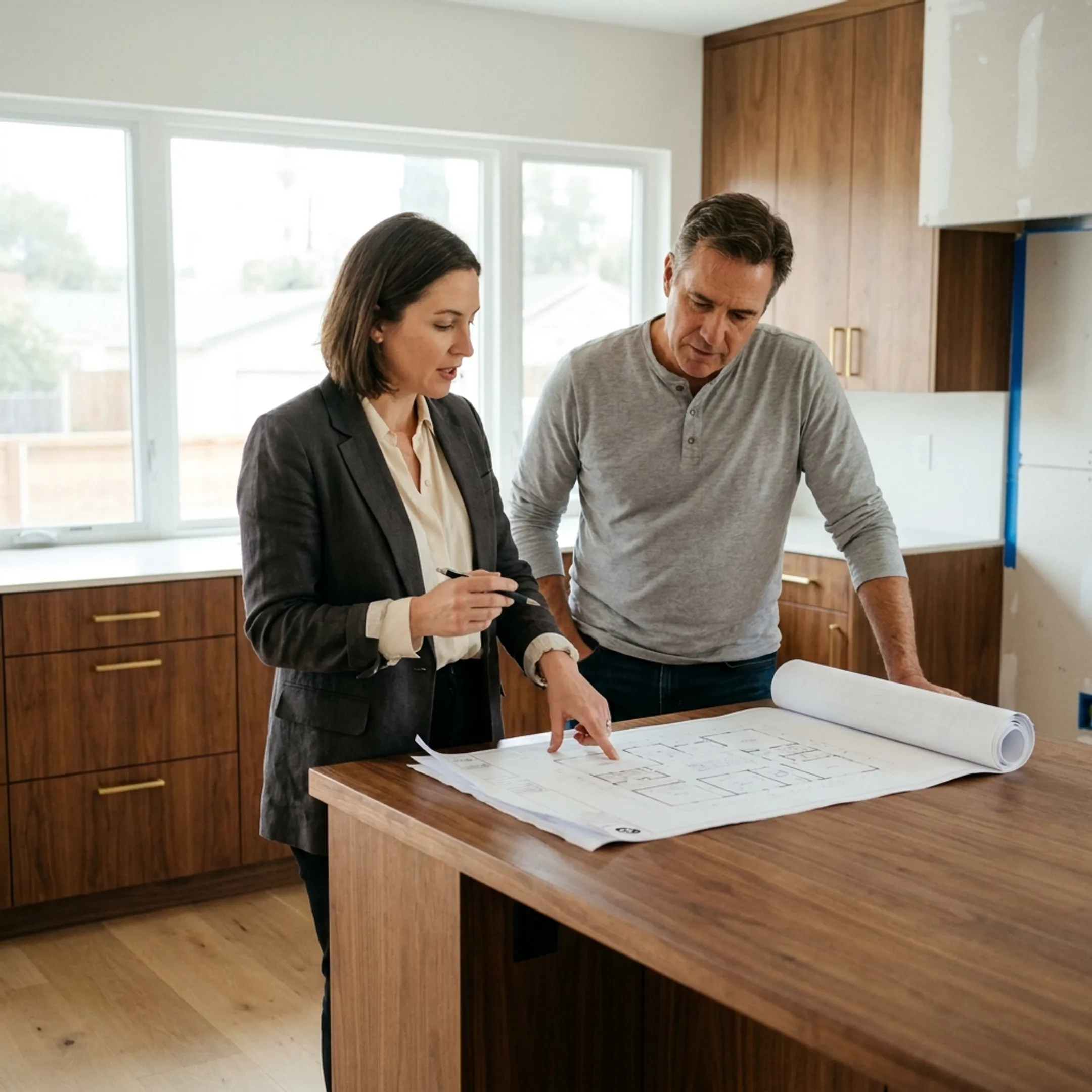 Architect reviewing an elegant custom residential interior design with a client