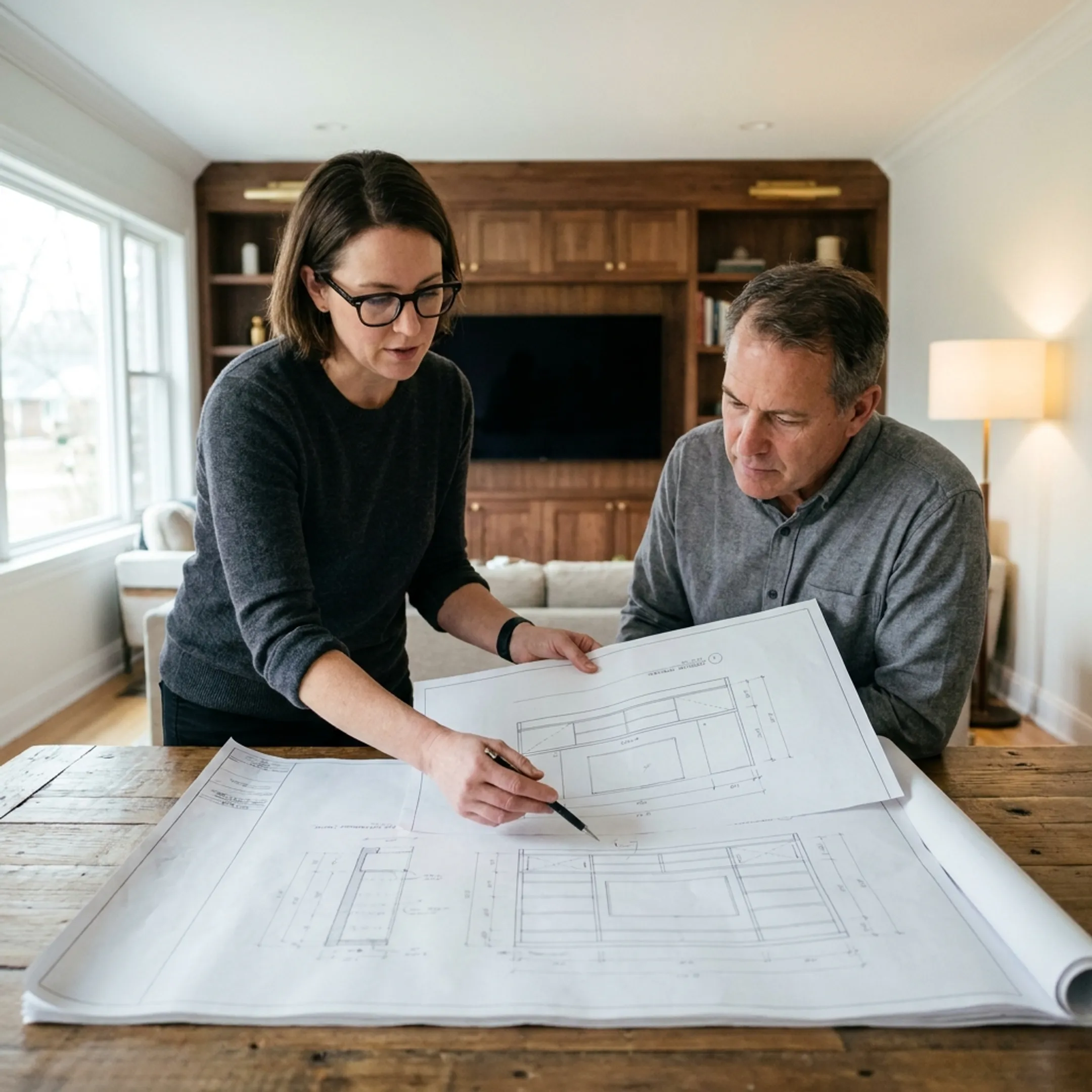 Designer reviewing custom entertainment cabinetry plans
