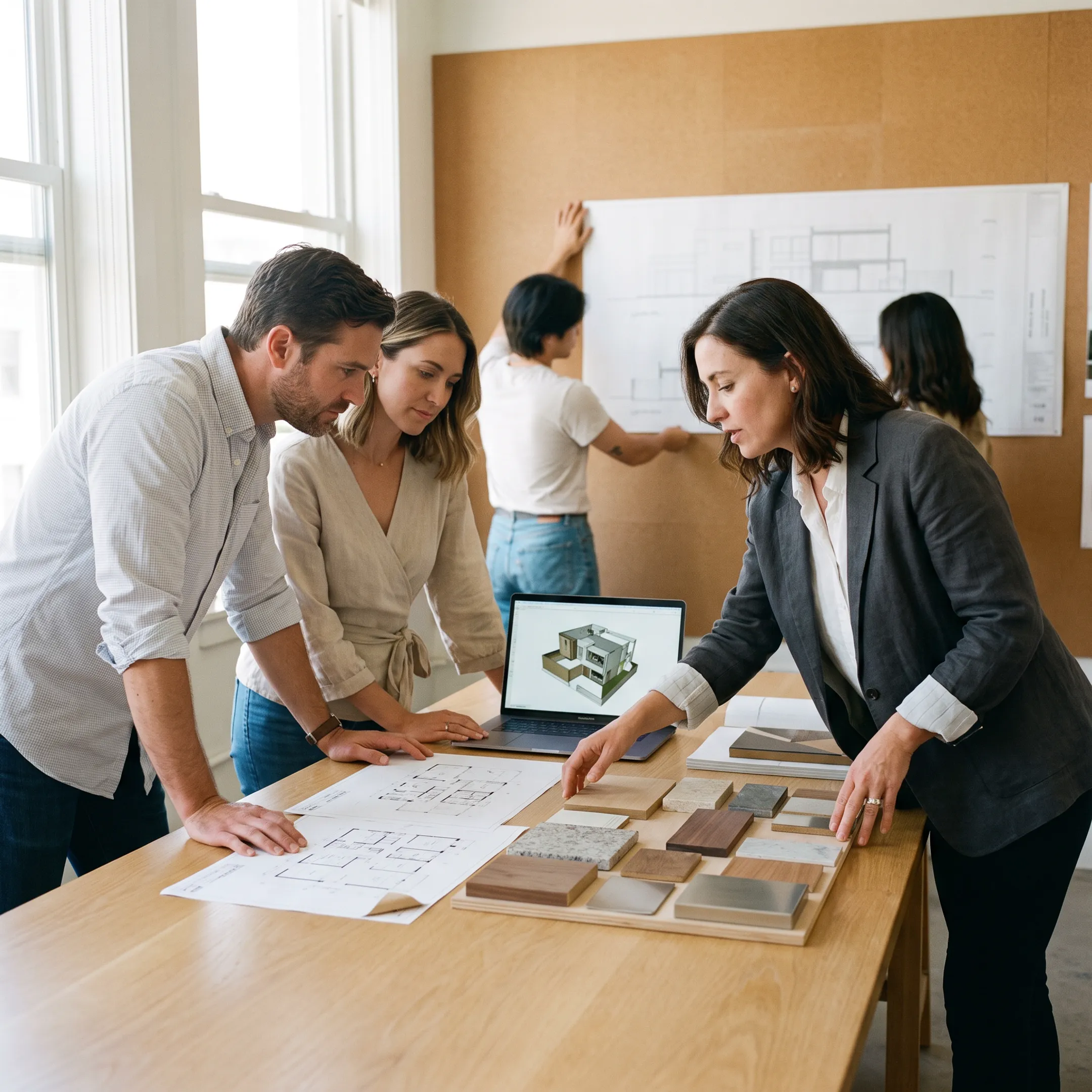 Architect reviewing Palisades home plans with homeowners