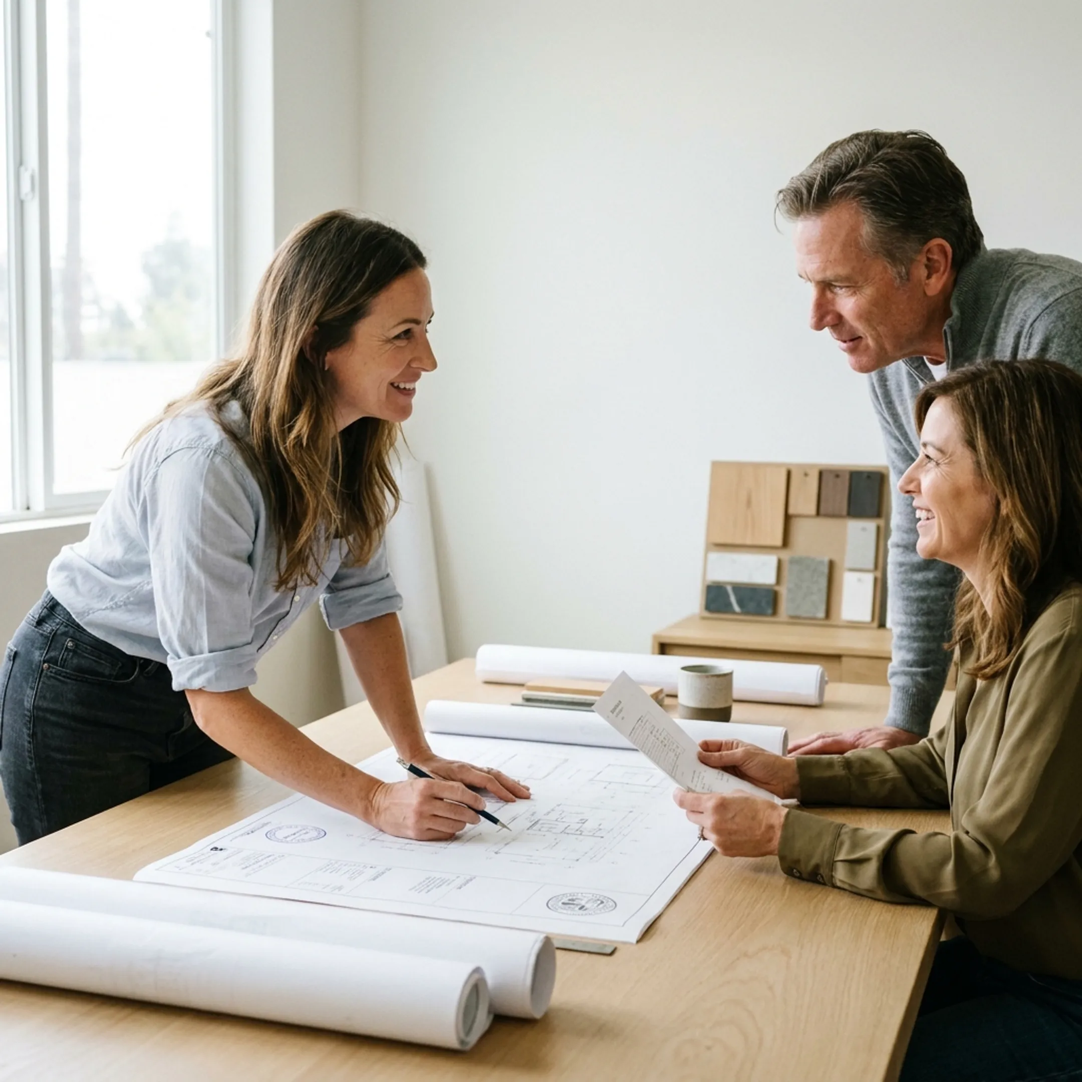 Design professional reviewing residential permit documents with a homeowner