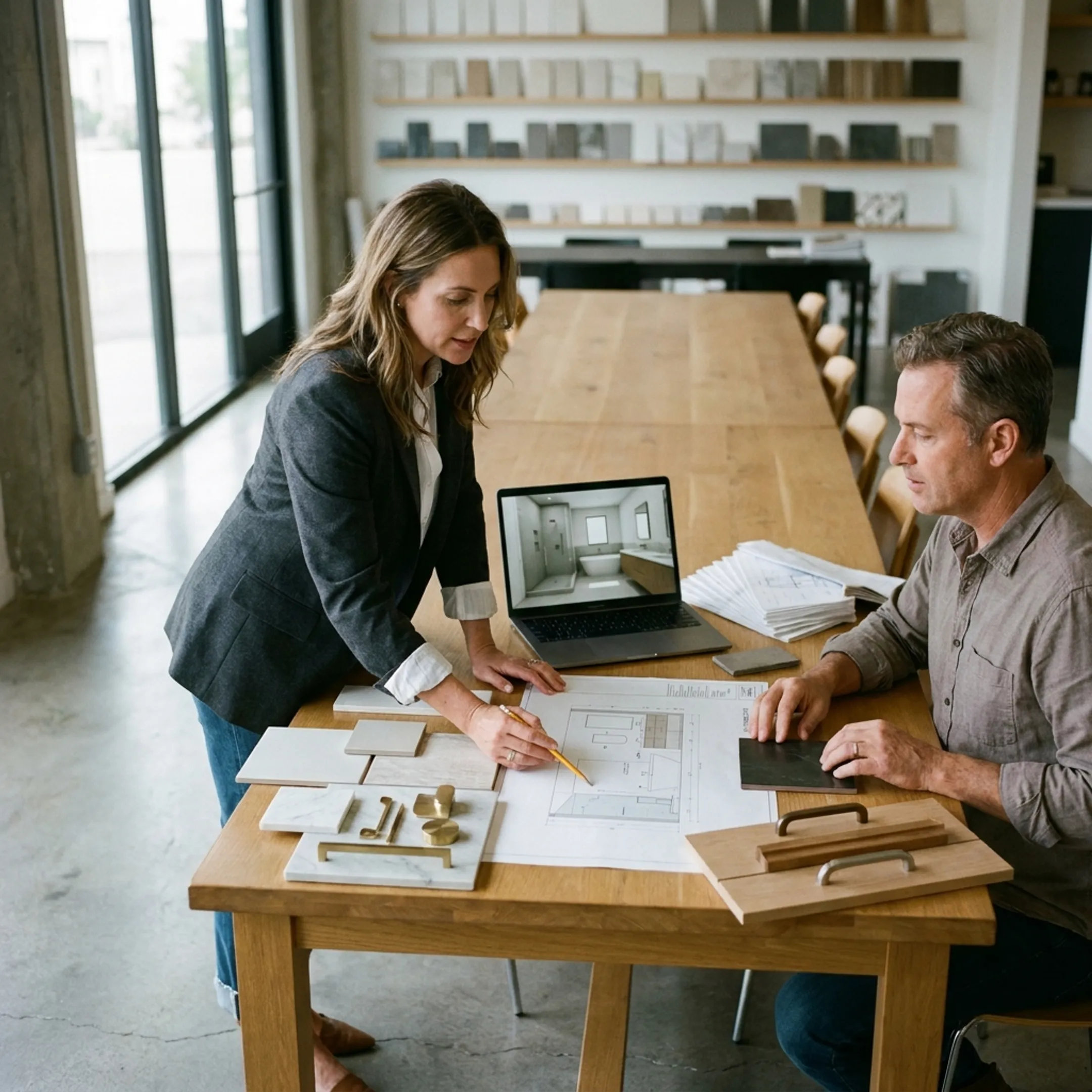 Architect reviewing a refined Los Angeles bathroom remodel design with a homeowner