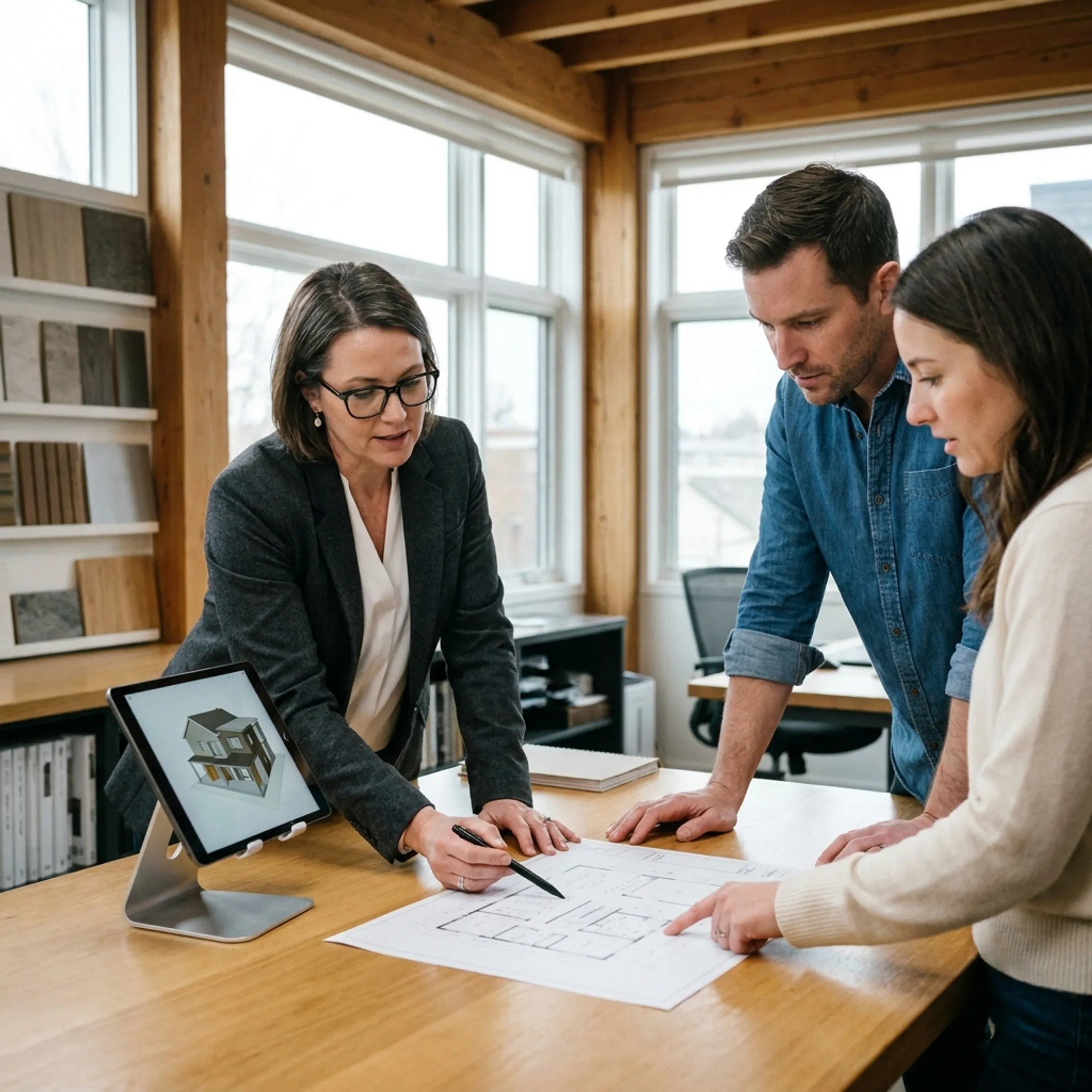 Architect reviewing a luxury home design with a client