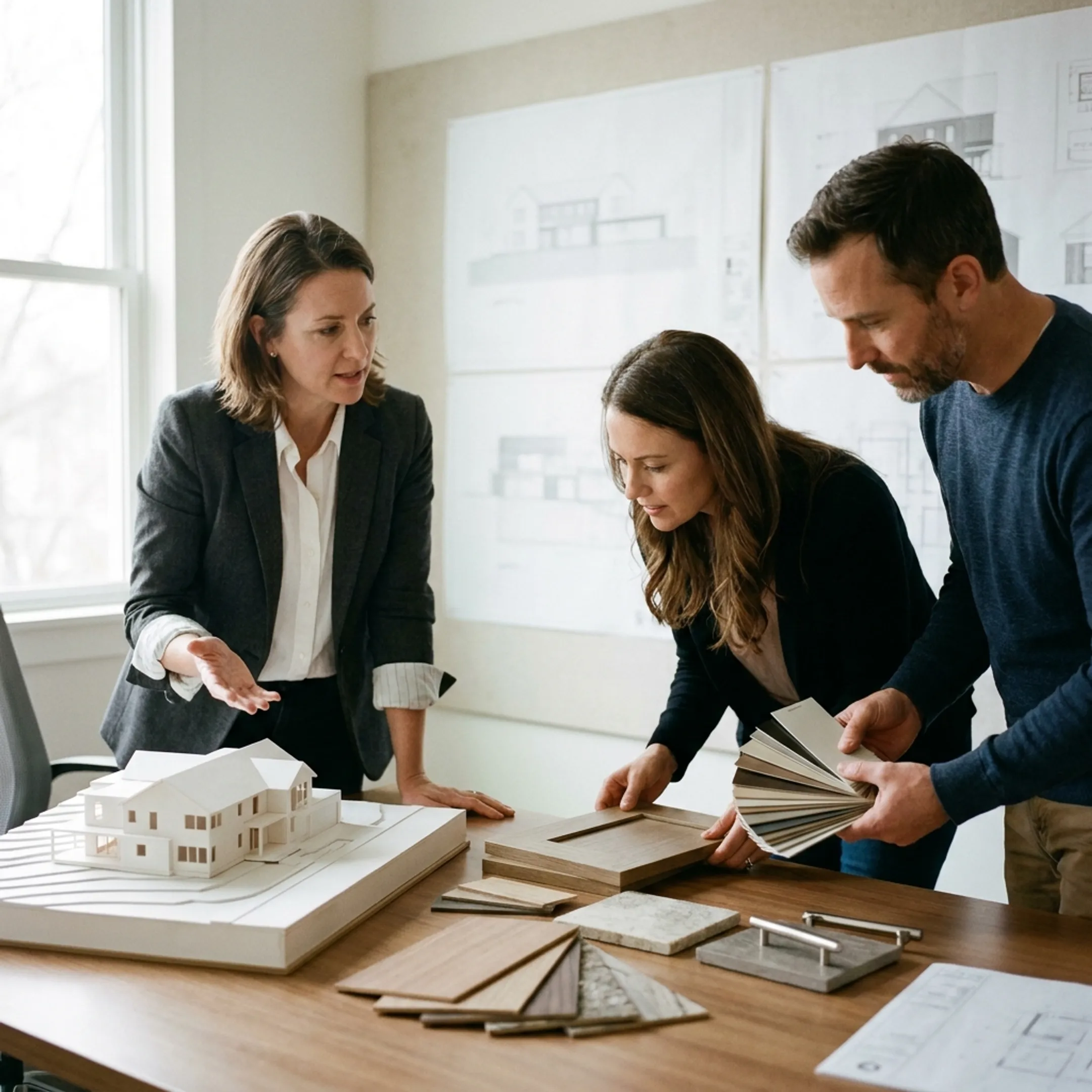 Architect reviewing a refined home remodeling design with homeowners