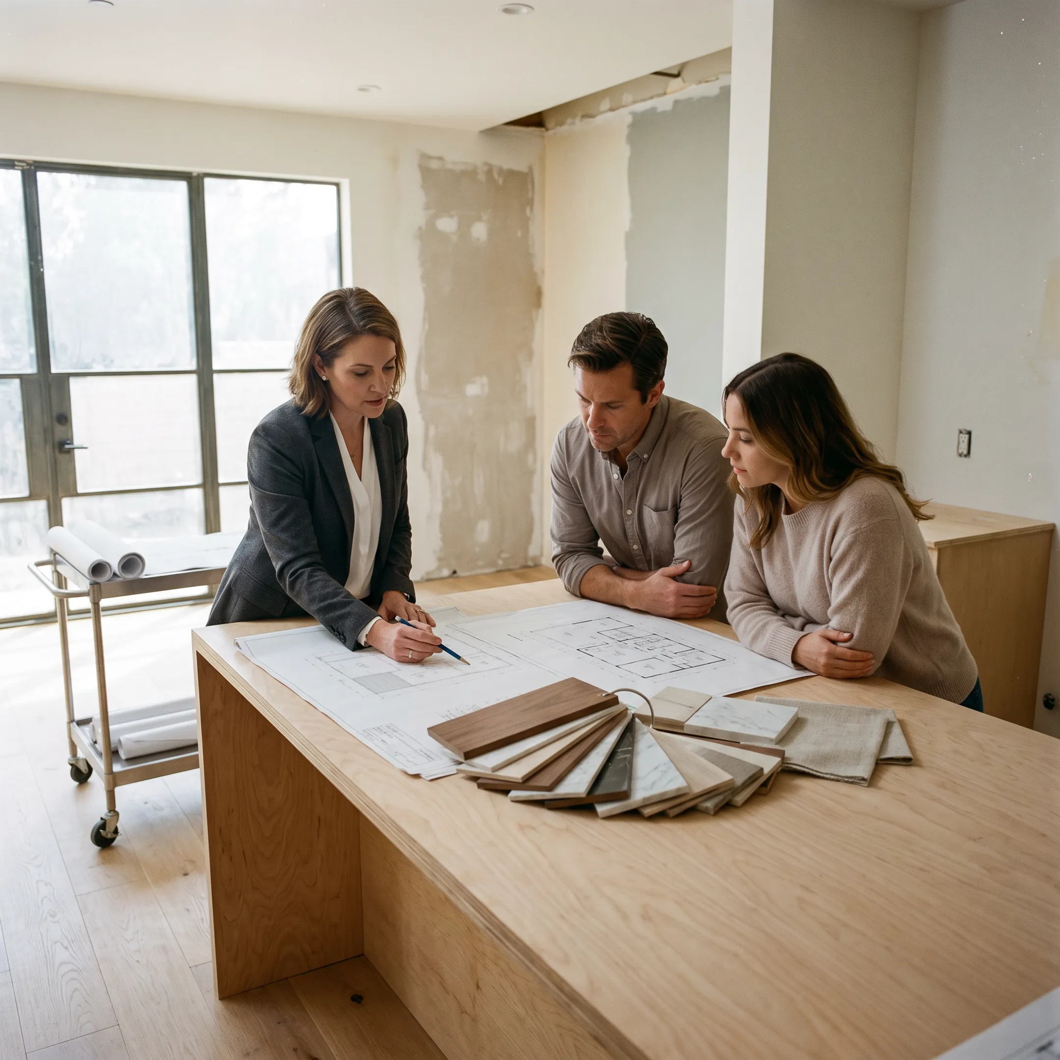 Architect reviewing a residential remodel design with homeowners