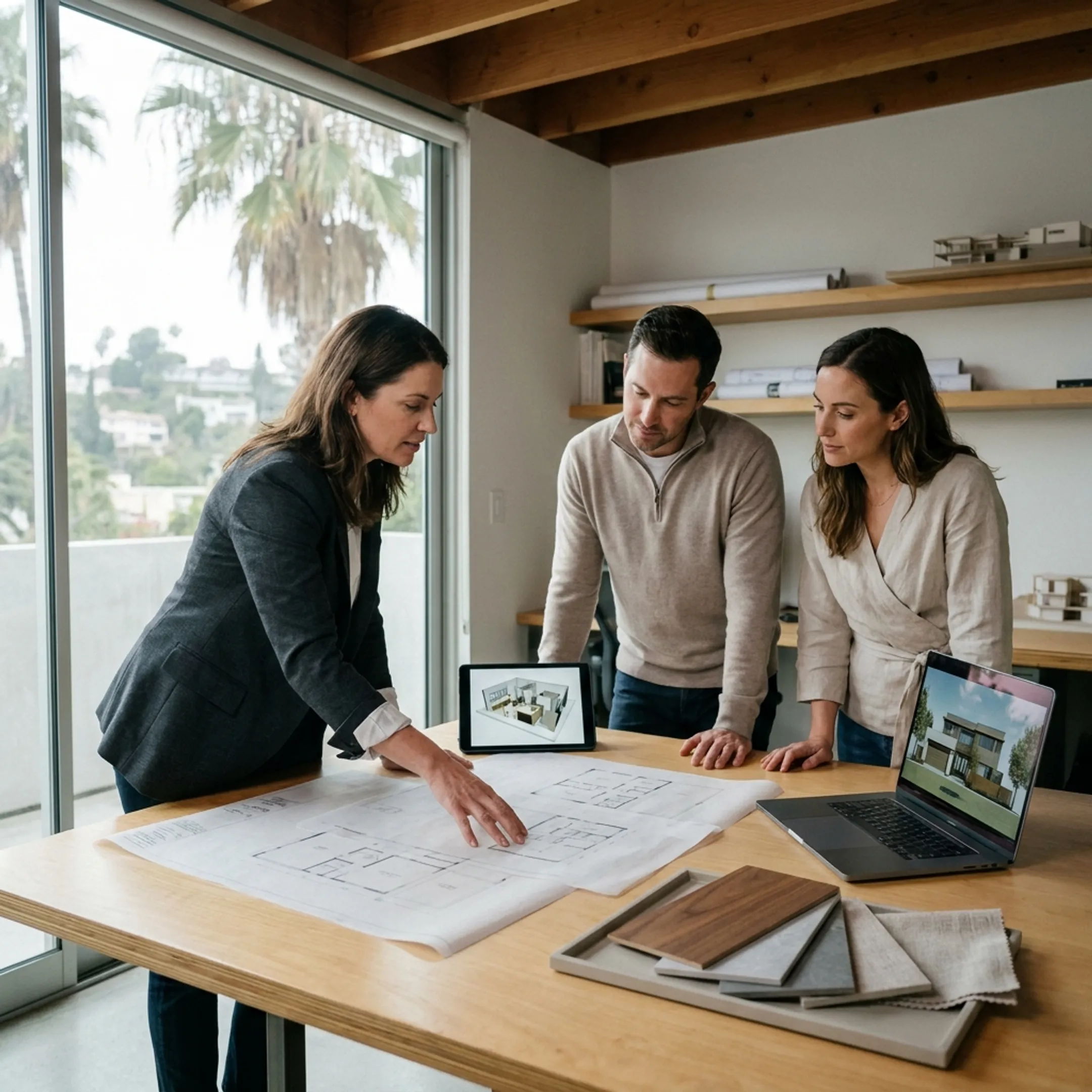 Architect presenting residential design options to Los Angeles clients