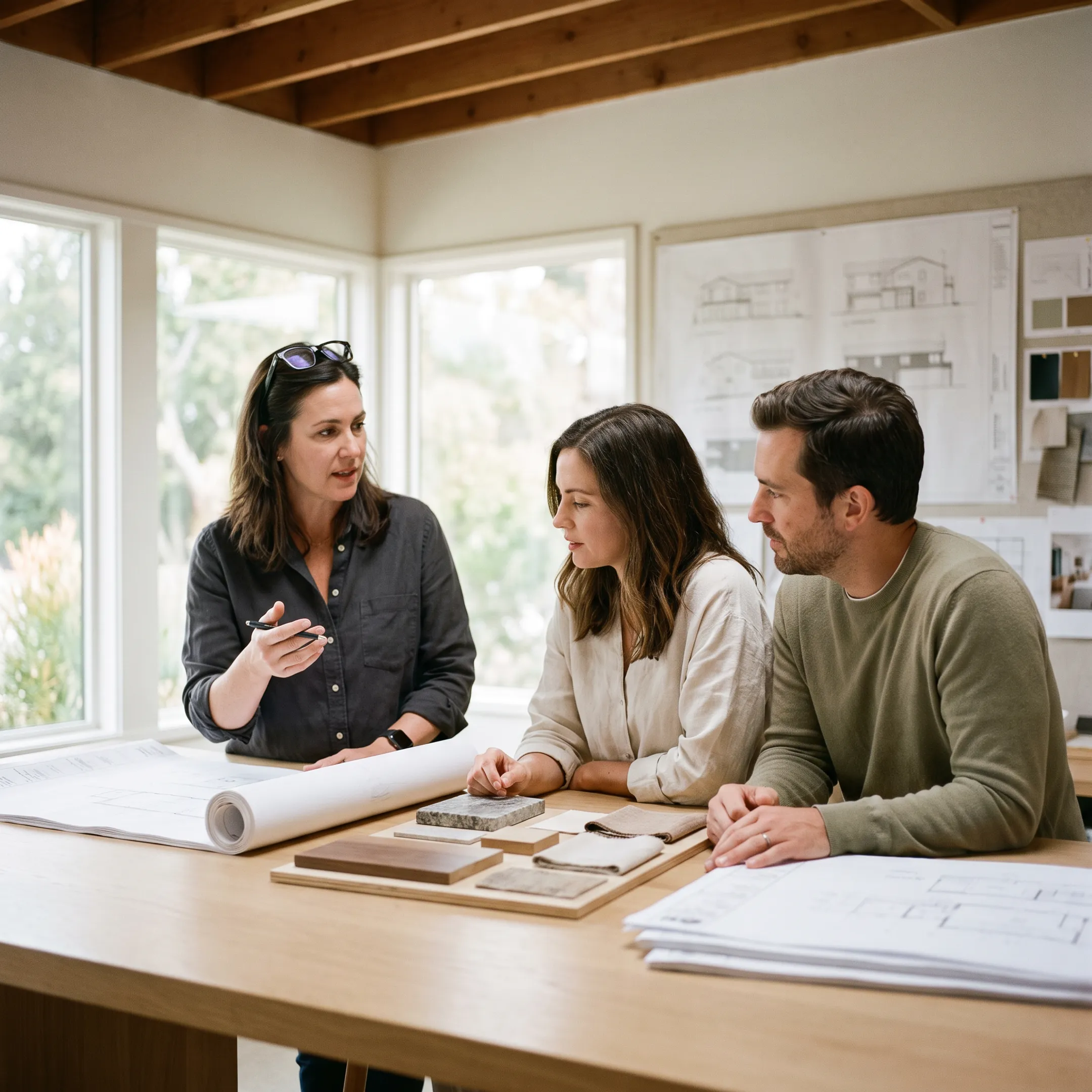 Architect reviewing residential plans with Los Angeles homeowners