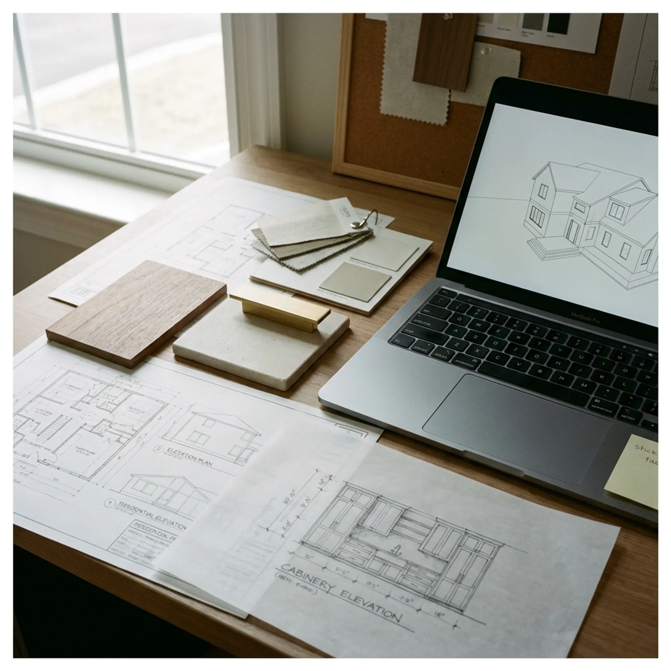 Residential remodel plans and material selections on a design table
