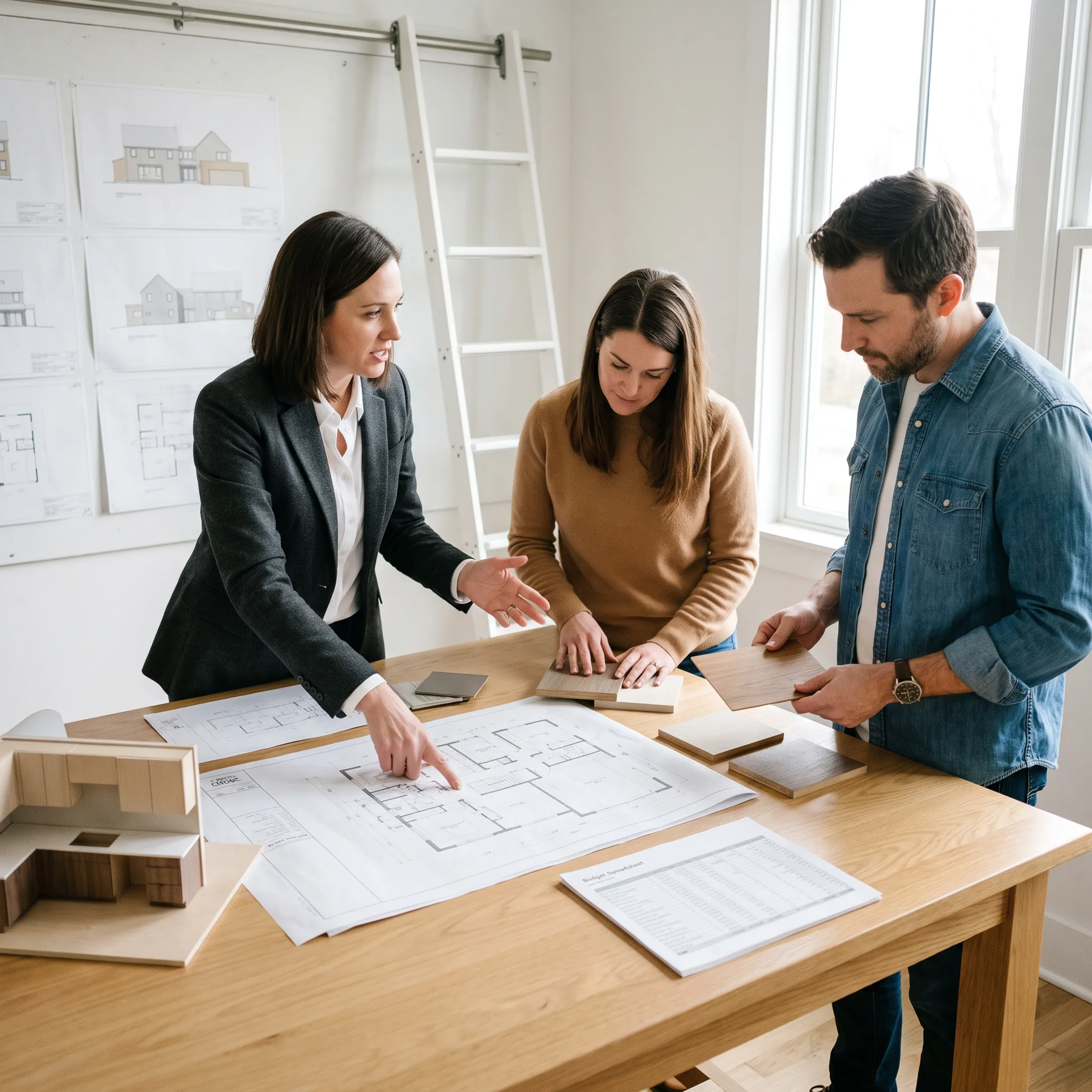 Architect reviewing residential remodeling plans with homeowners