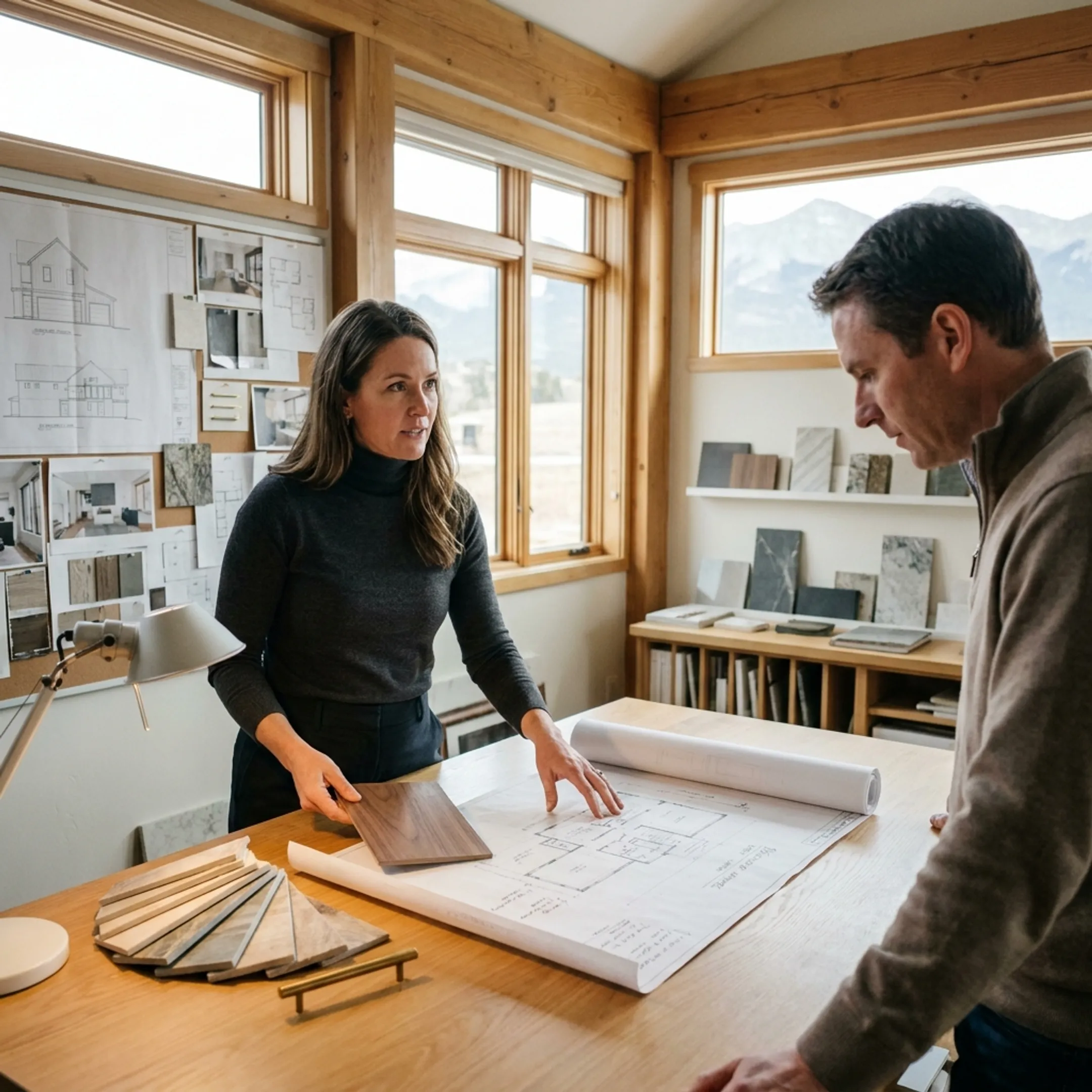 Designer presenting basement remodel materials and cabinetry concepts