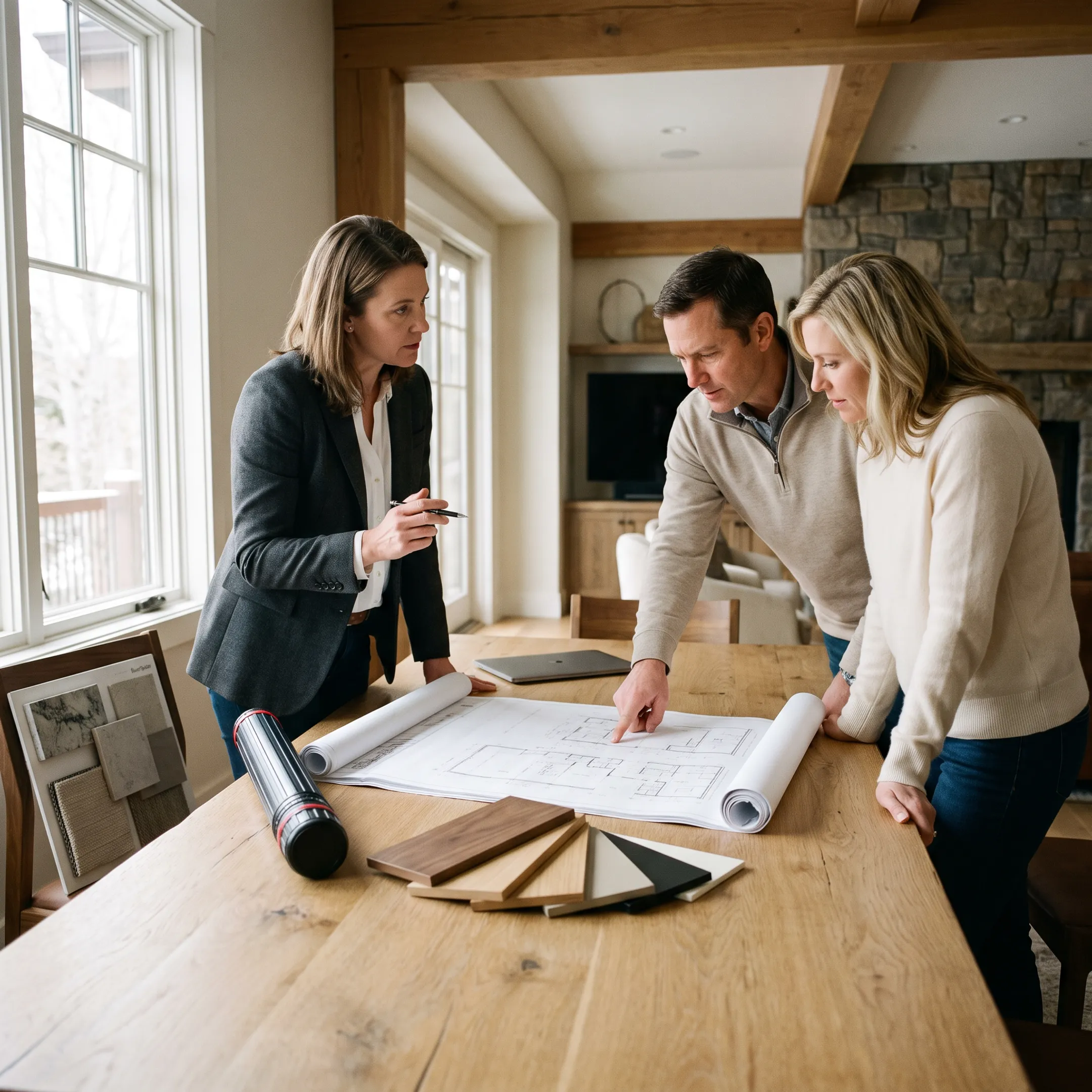 Architect reviewing a Colorado basement remodeling design with homeowners