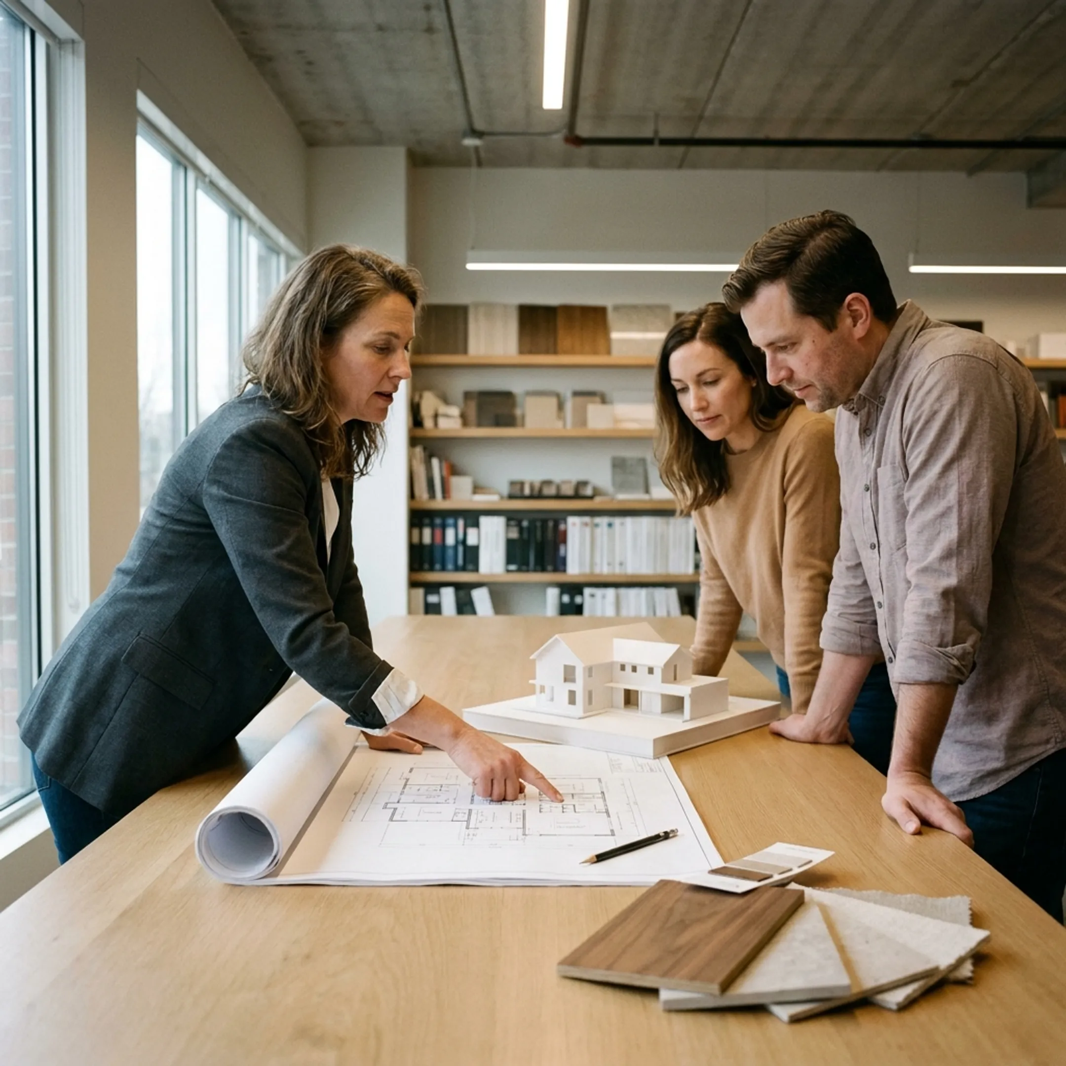 Architect reviewing custom house plans with homeowners at a design studio