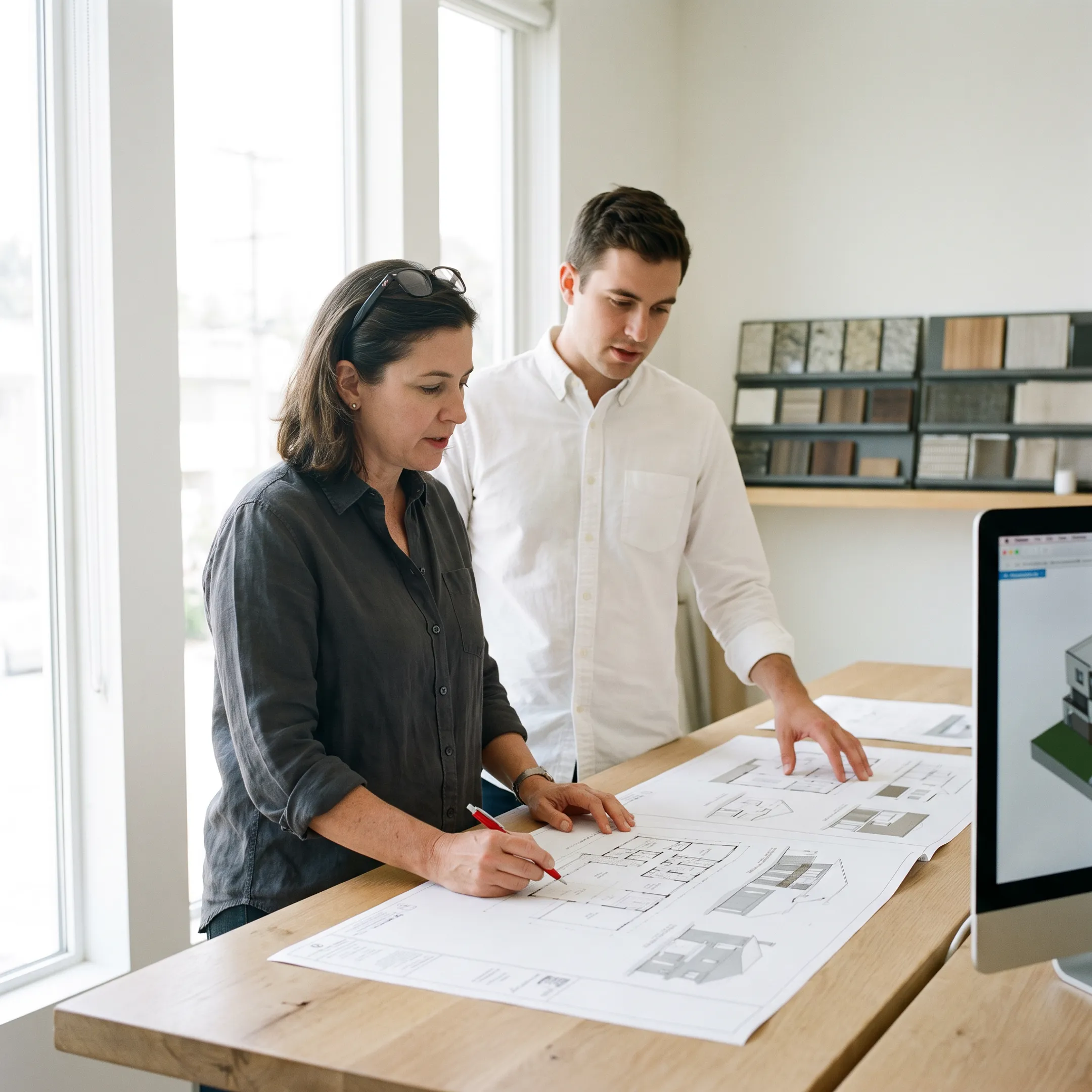 Architect reviewing residential architectural drawings at a design studio