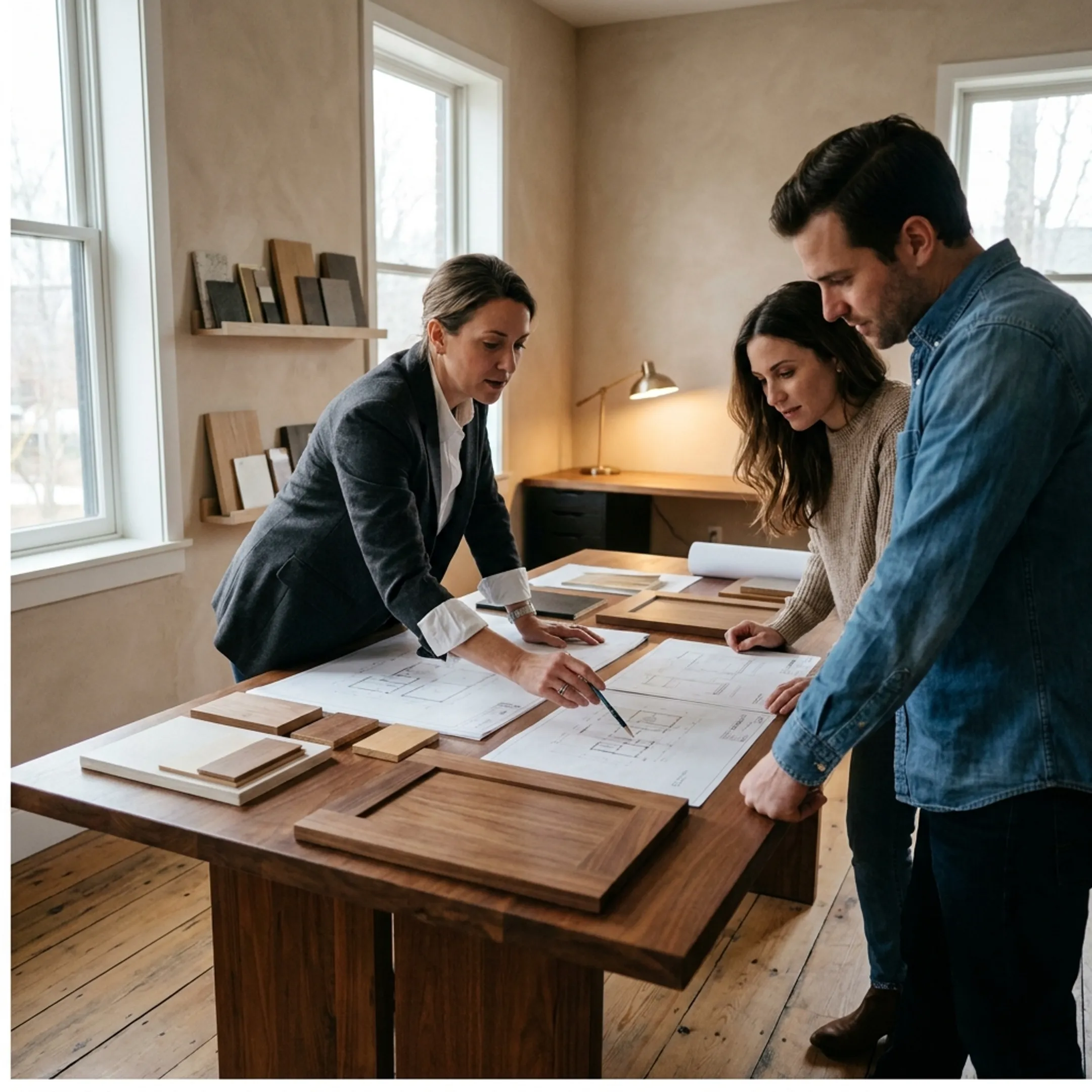 Designer reviewing a custom kitchen remodel with detailed cabinetry plans