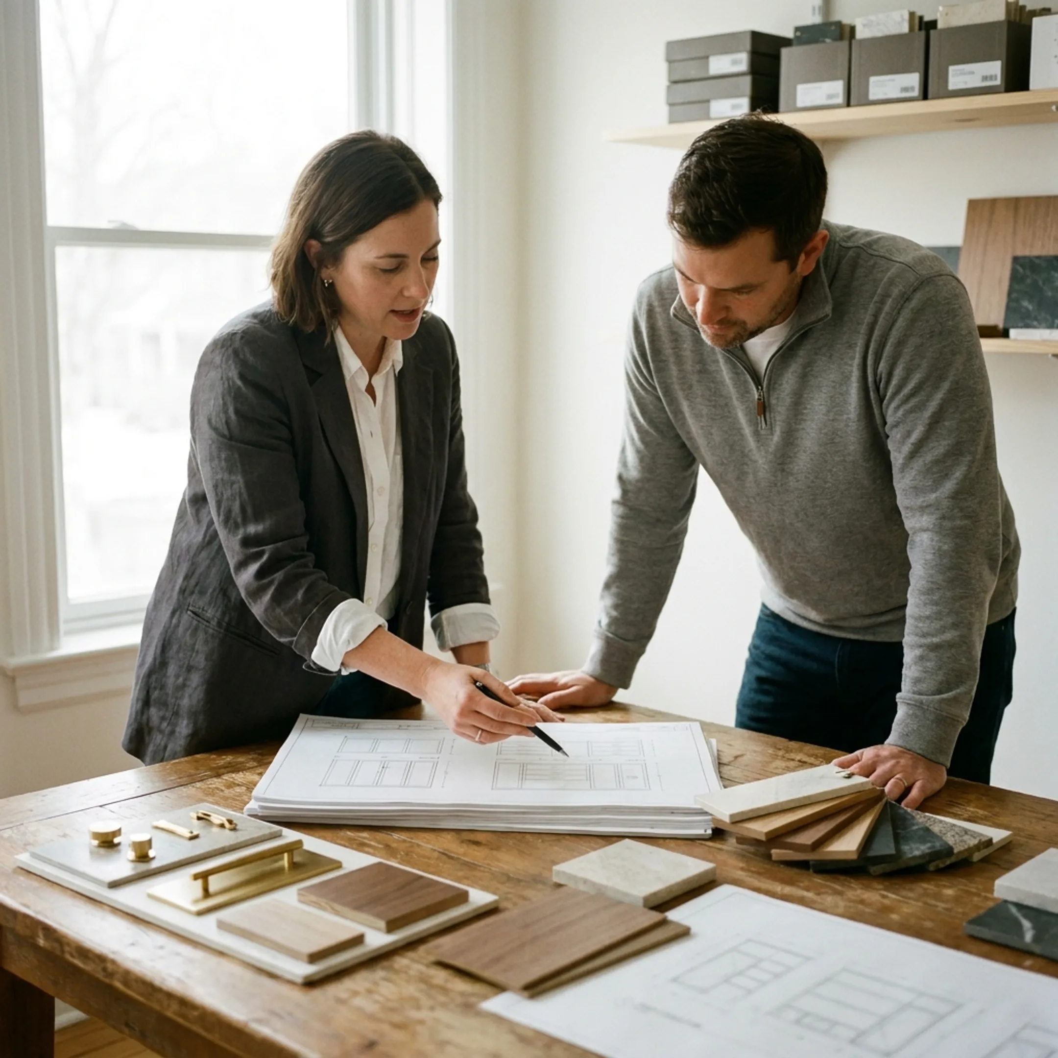 Architect reviewing detailed custom kitchen cabinetry plans