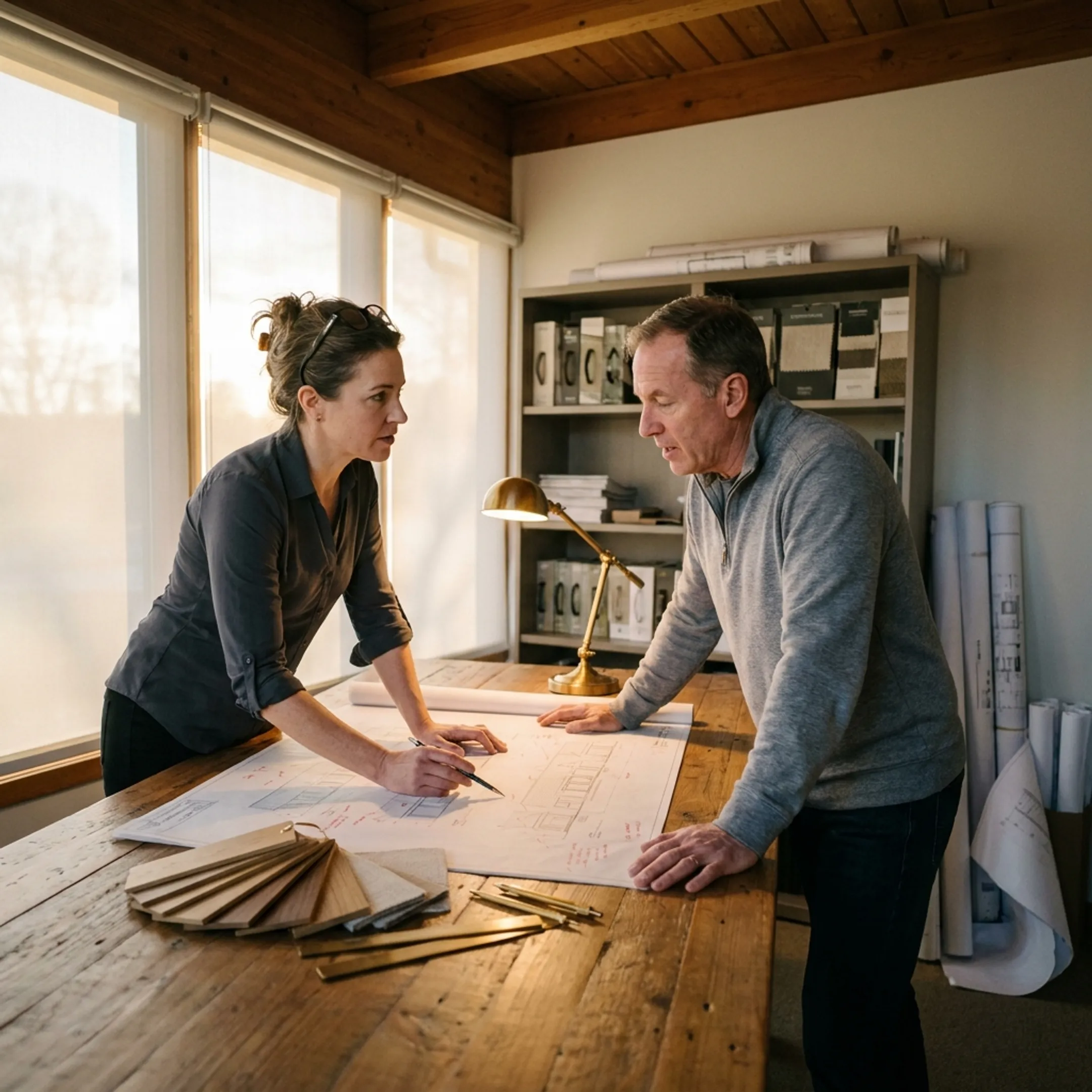 Architect reviewing home renovation plans with a homeowner