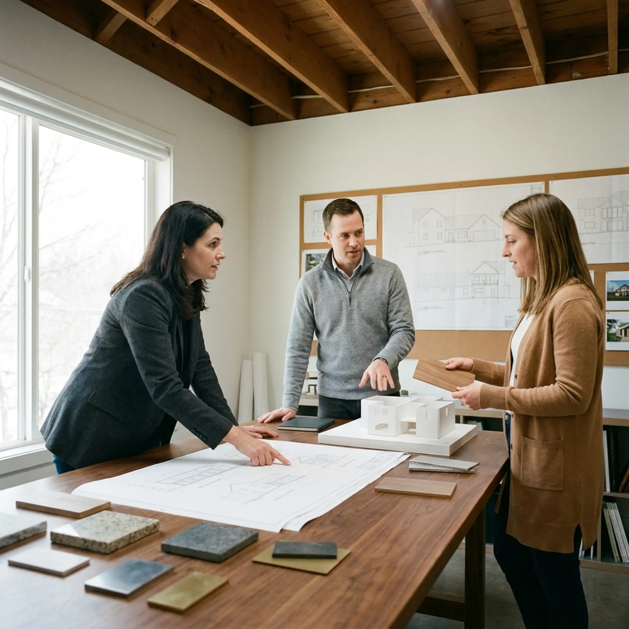 Architect reviewing an advanced residential remodeling design with homeowners
