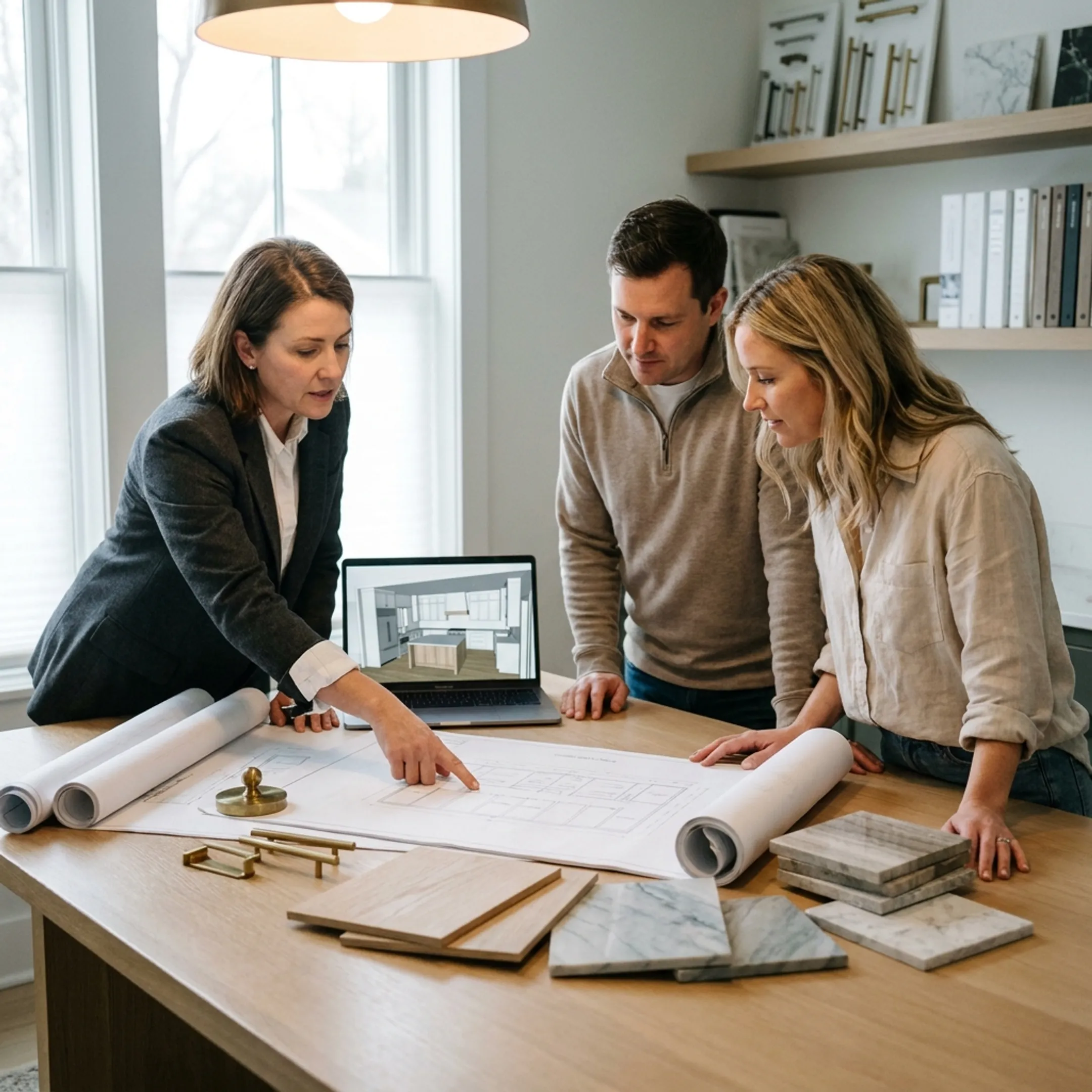 Architect reviewing a refined custom kitchen design with a homeowner