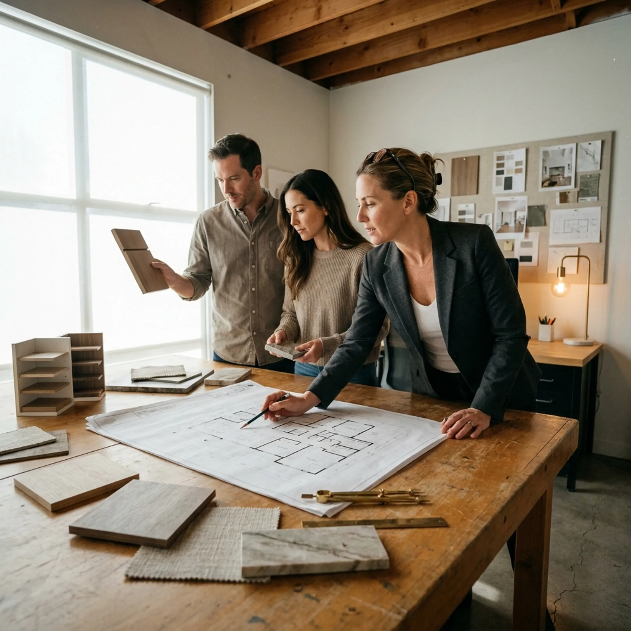 Architect reviewing residential interior design plans with a homeowner