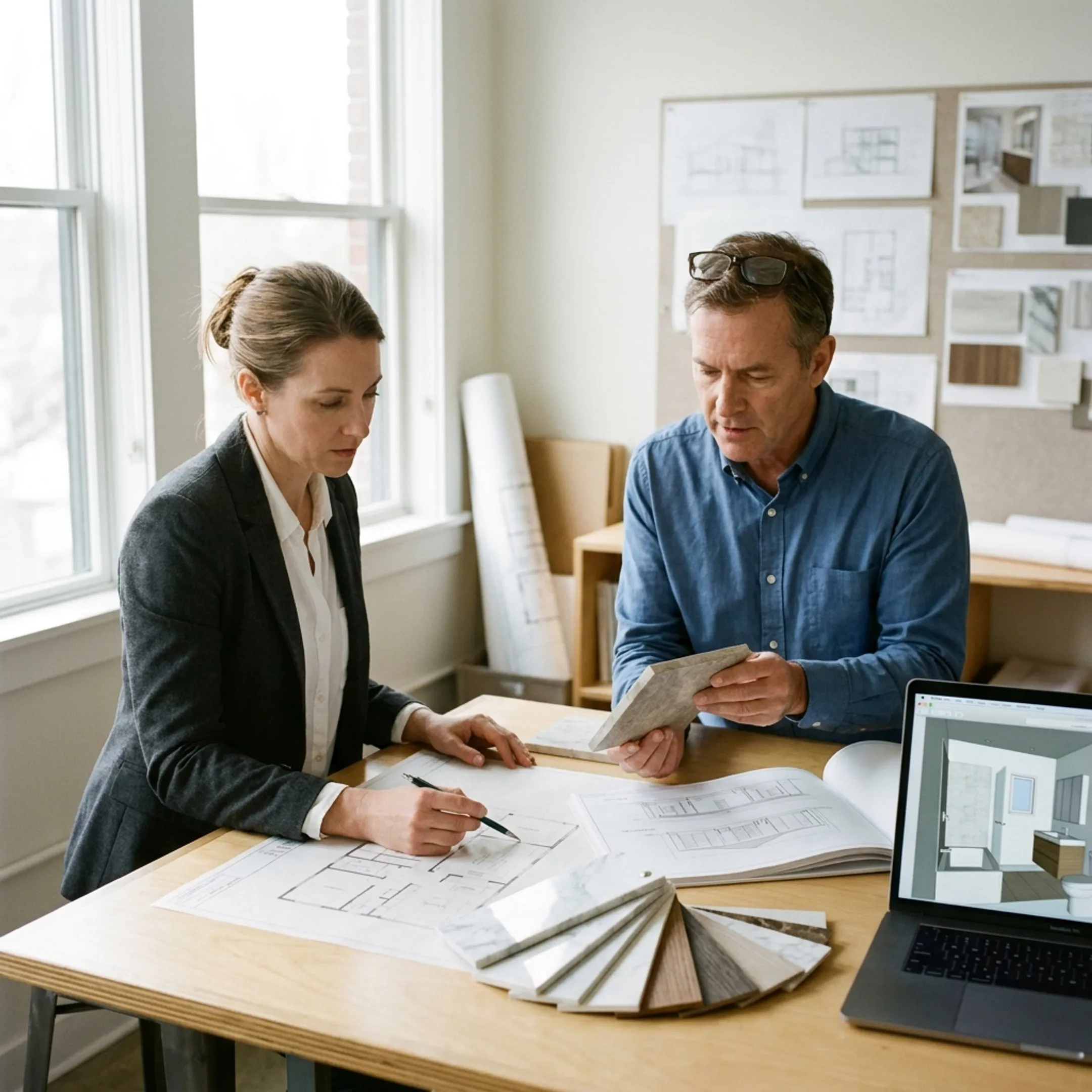 Architect reviewing a refined bathroom remodeling concept with a Beverly Hills homeowner
