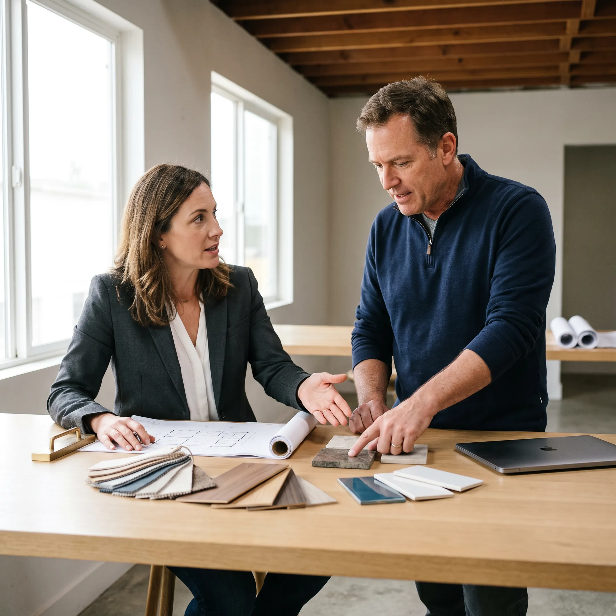 Architect reviewing a Woodland Hills home remodeling design with a homeowner