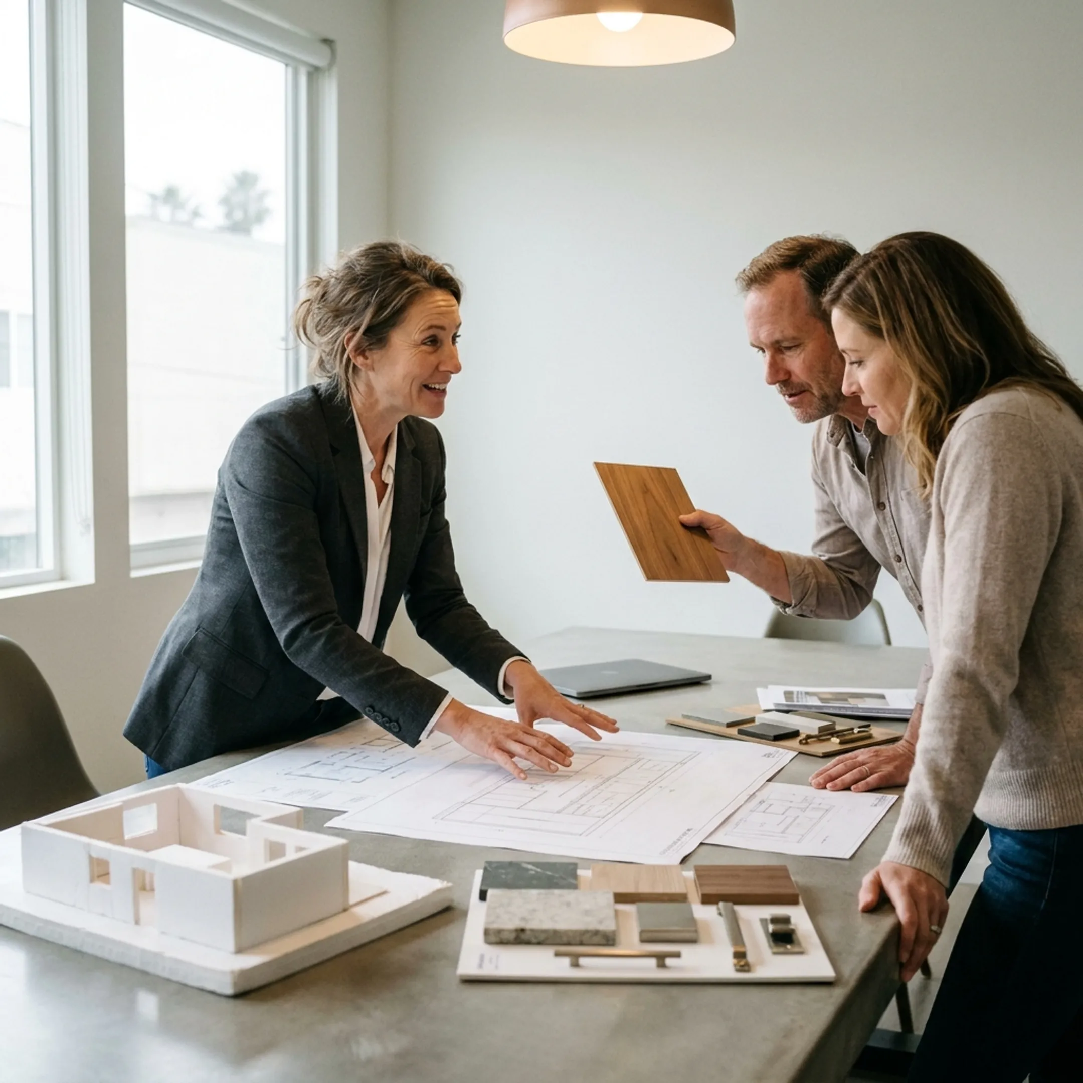 Architect presenting kitchen remodel concepts to homeowners
