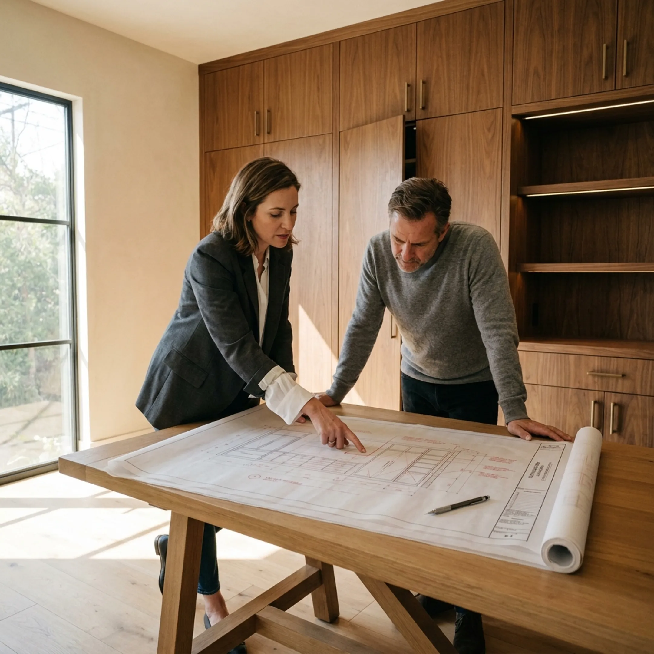 Designer reviewing custom cabinetry plans in a refined home interior