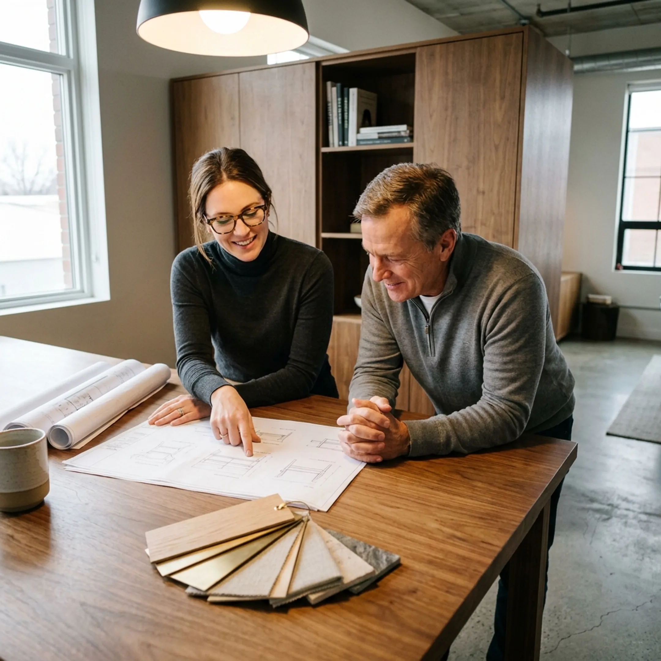 Designer reviewing a custom furniture concept in a refined studio interior