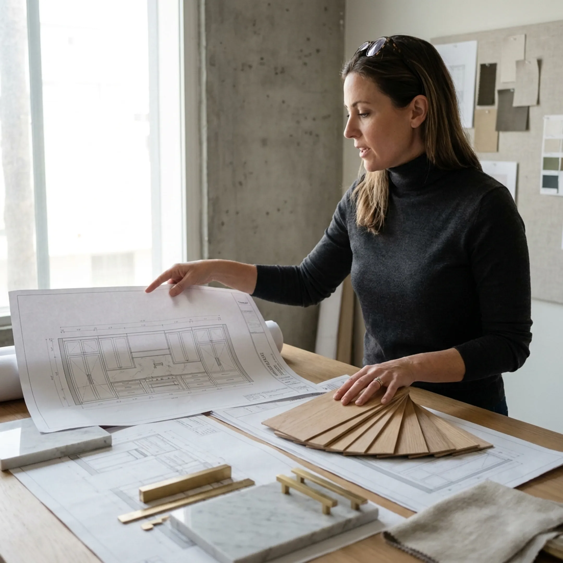 Designer reviewing a custom bathroom concept with cabinetry details