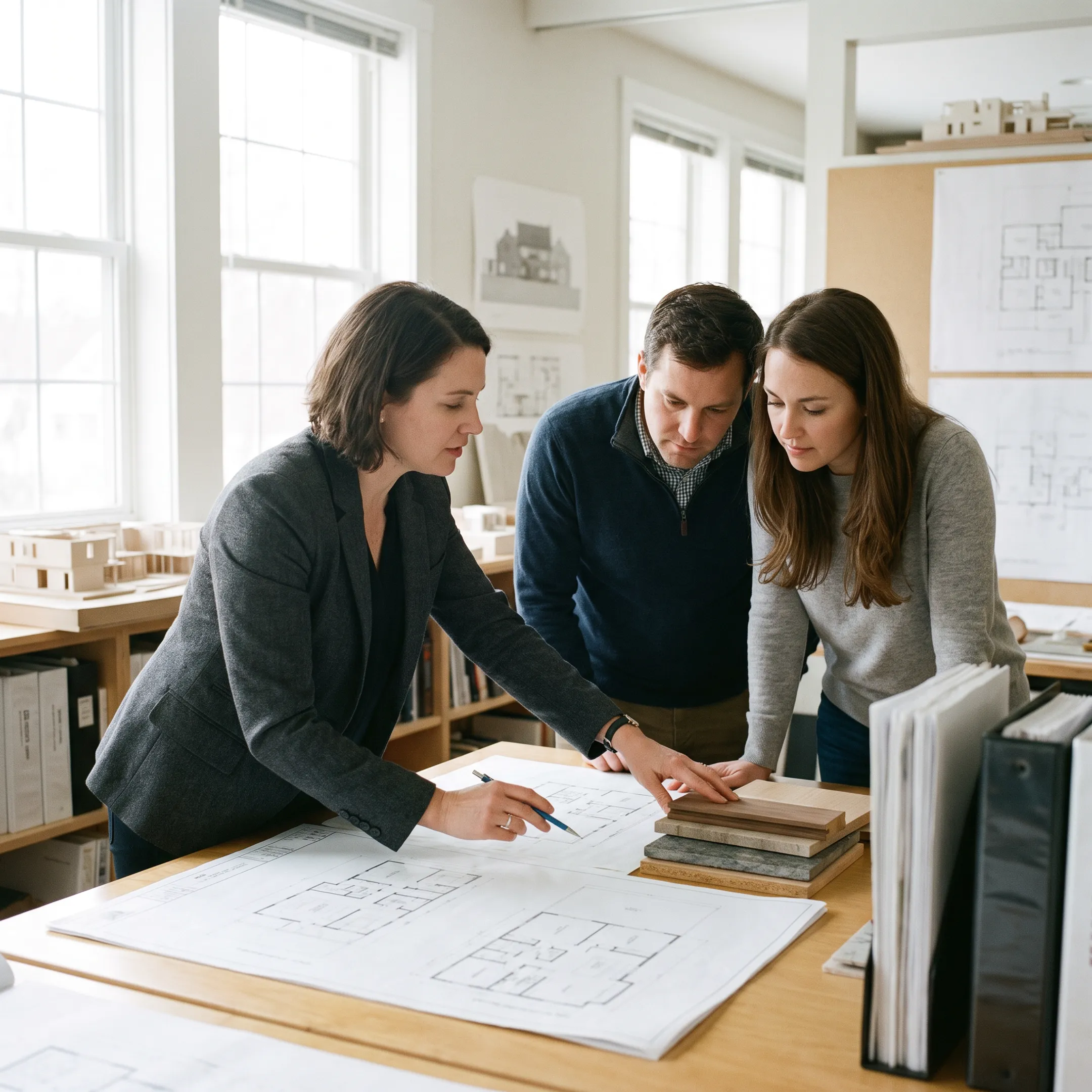 Architect reviewing home remodel plans with homeowners