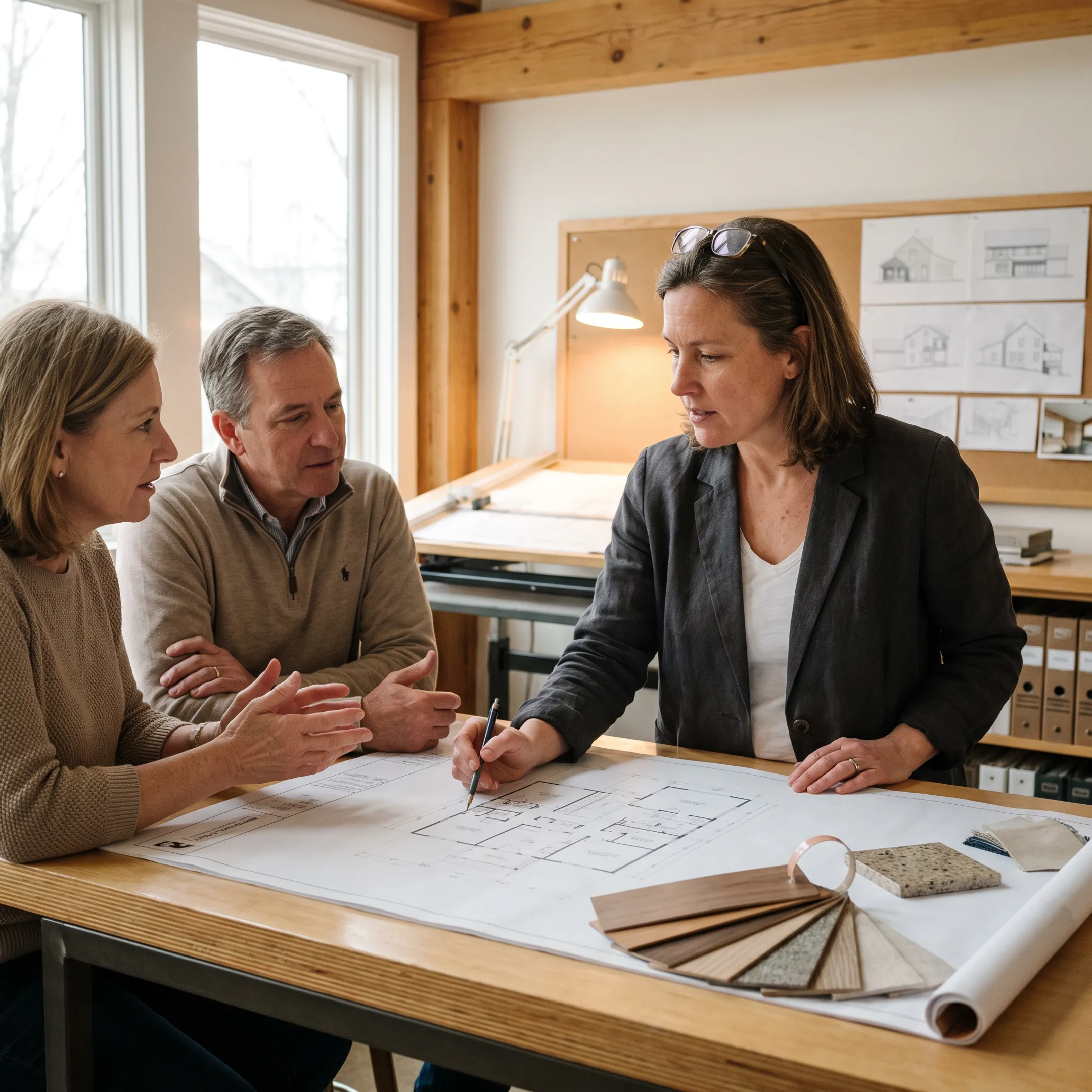 Architect reviewing residential design plans with homeowners