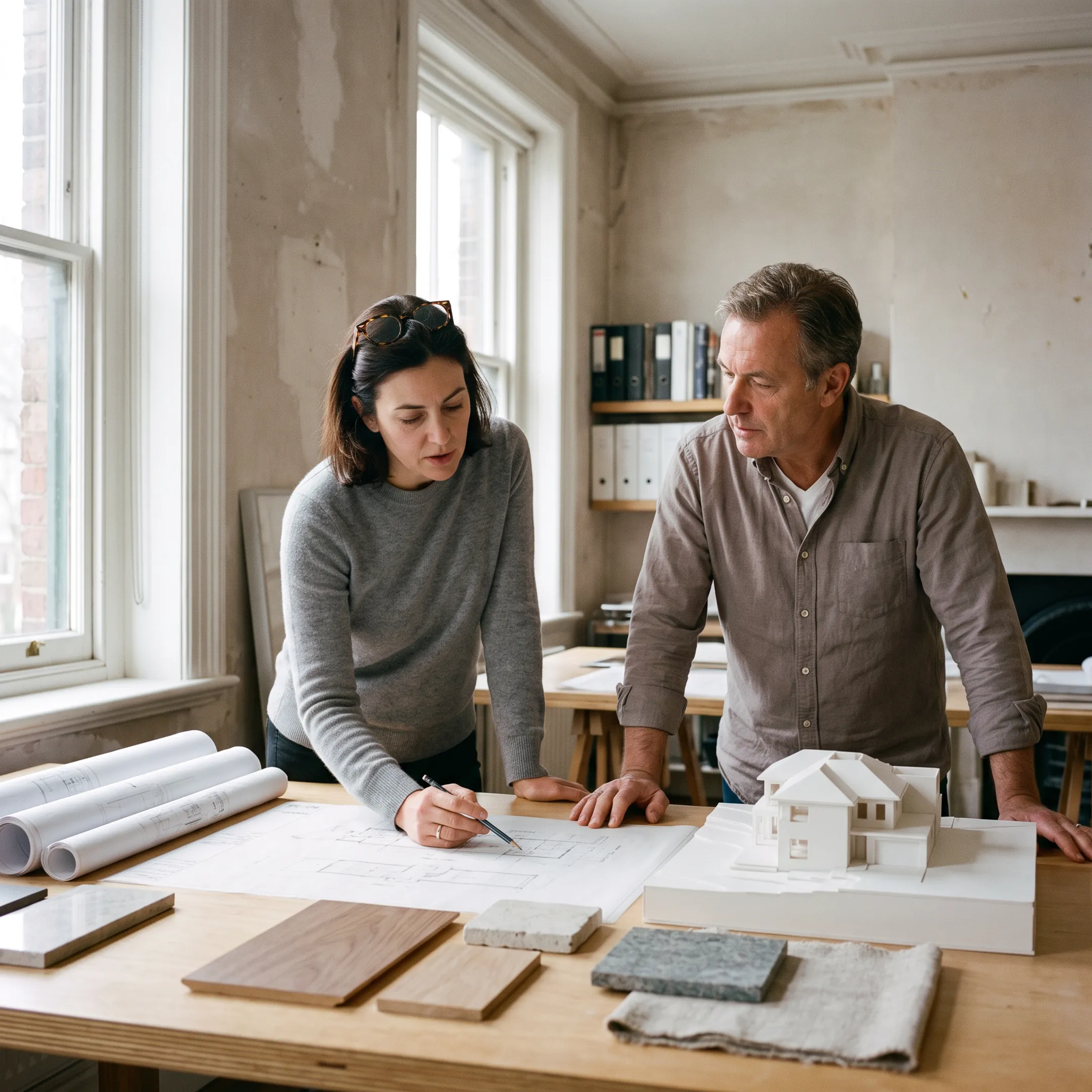 Architect reviewing home restoration plans with homeowner