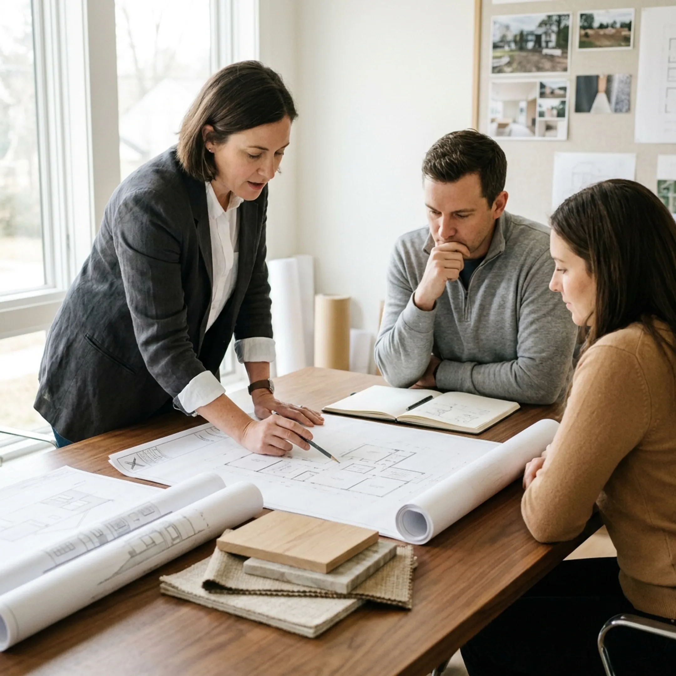Architect reviewing custom home plans with homeowners