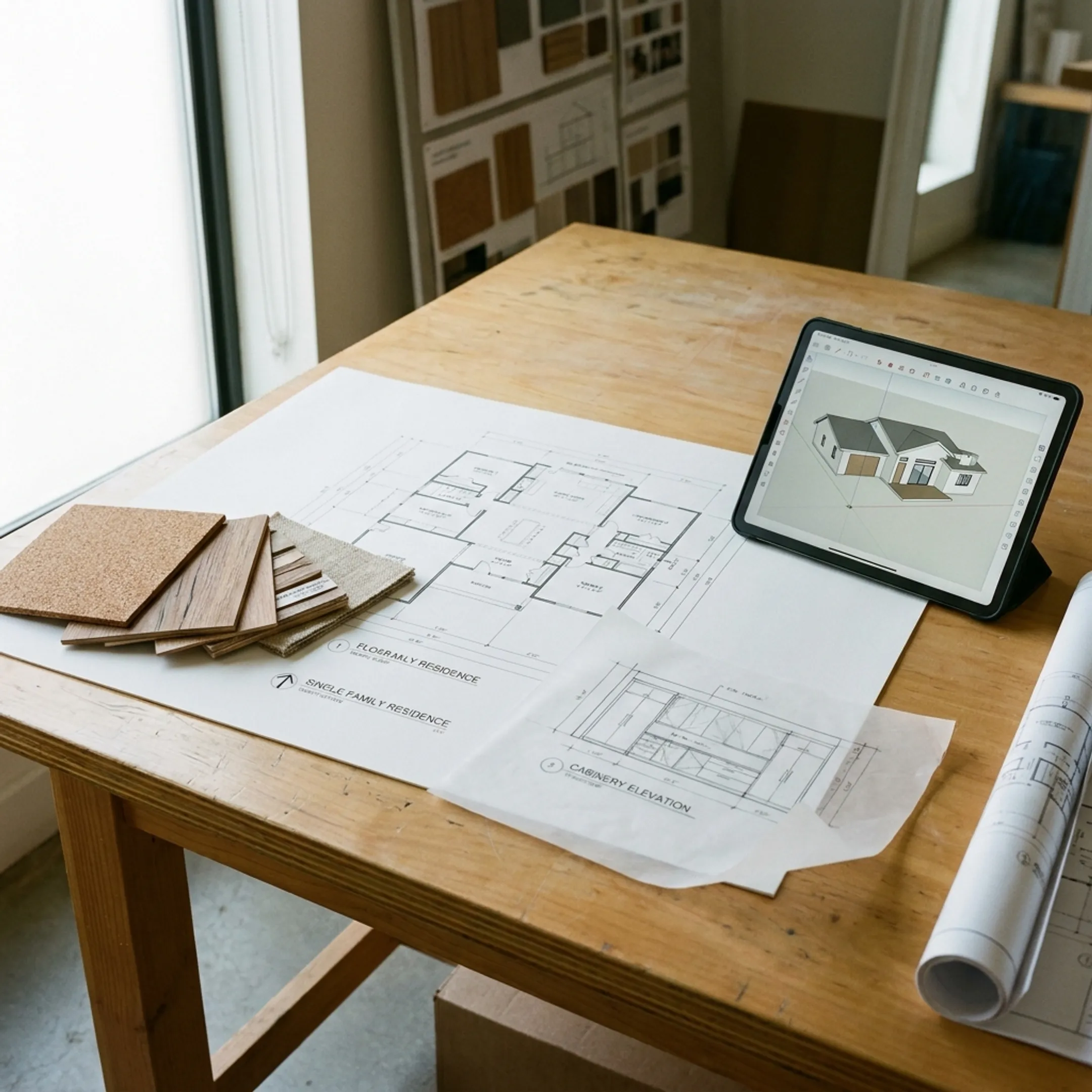 Residential design materials and architectural plans arranged for client review