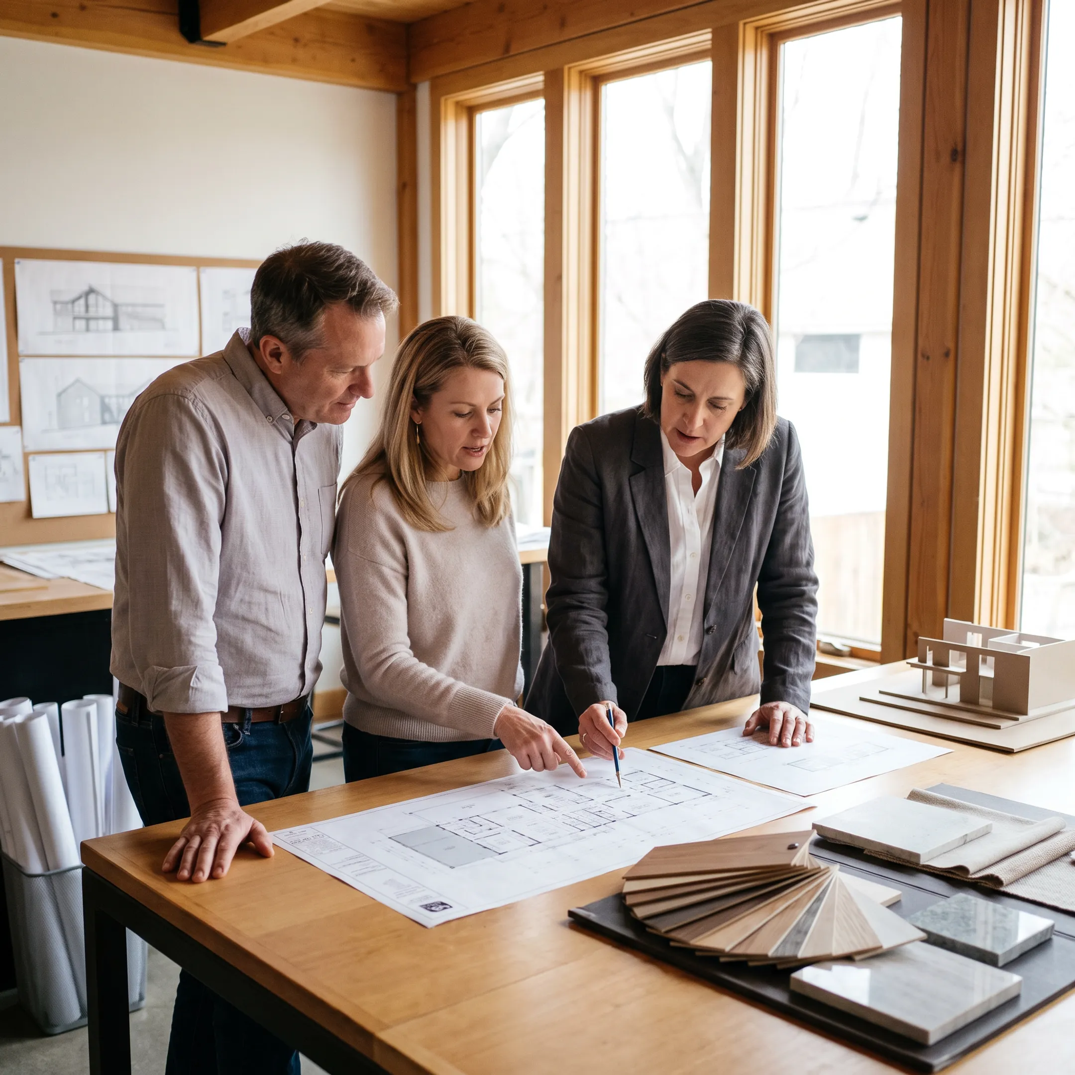 Architect reviewing a refined residential house design with homeowners