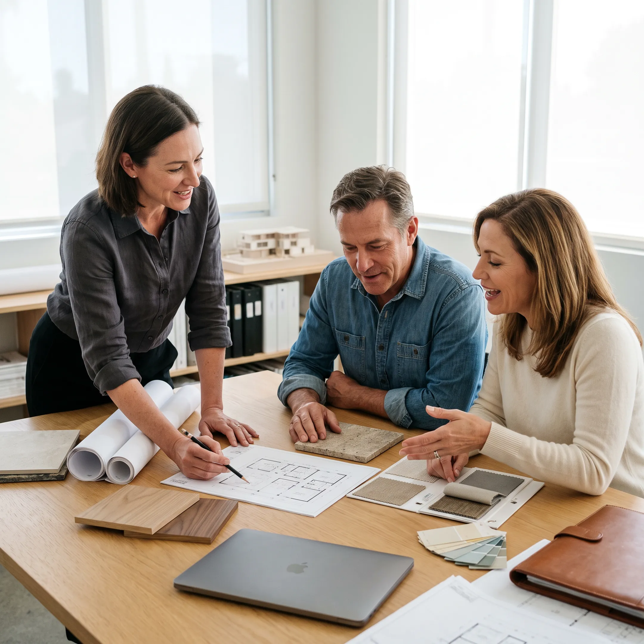 Architect reviewing residential remodel plans with homeowners