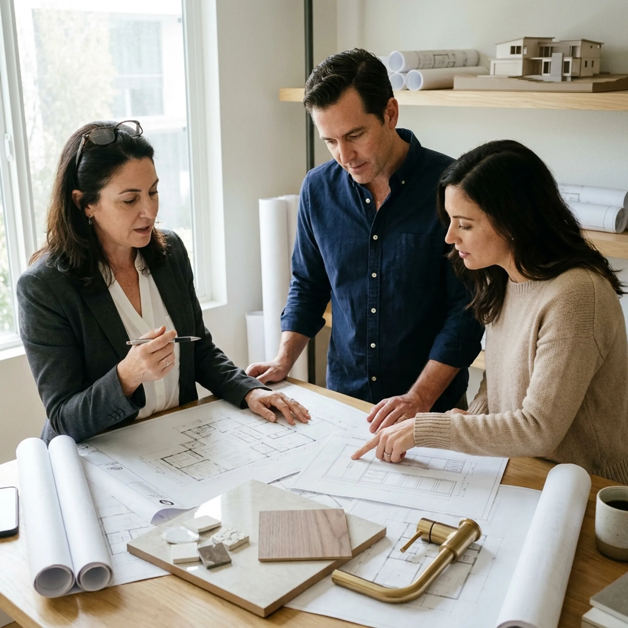 Architect reviewing bathroom renovation plans with homeowner