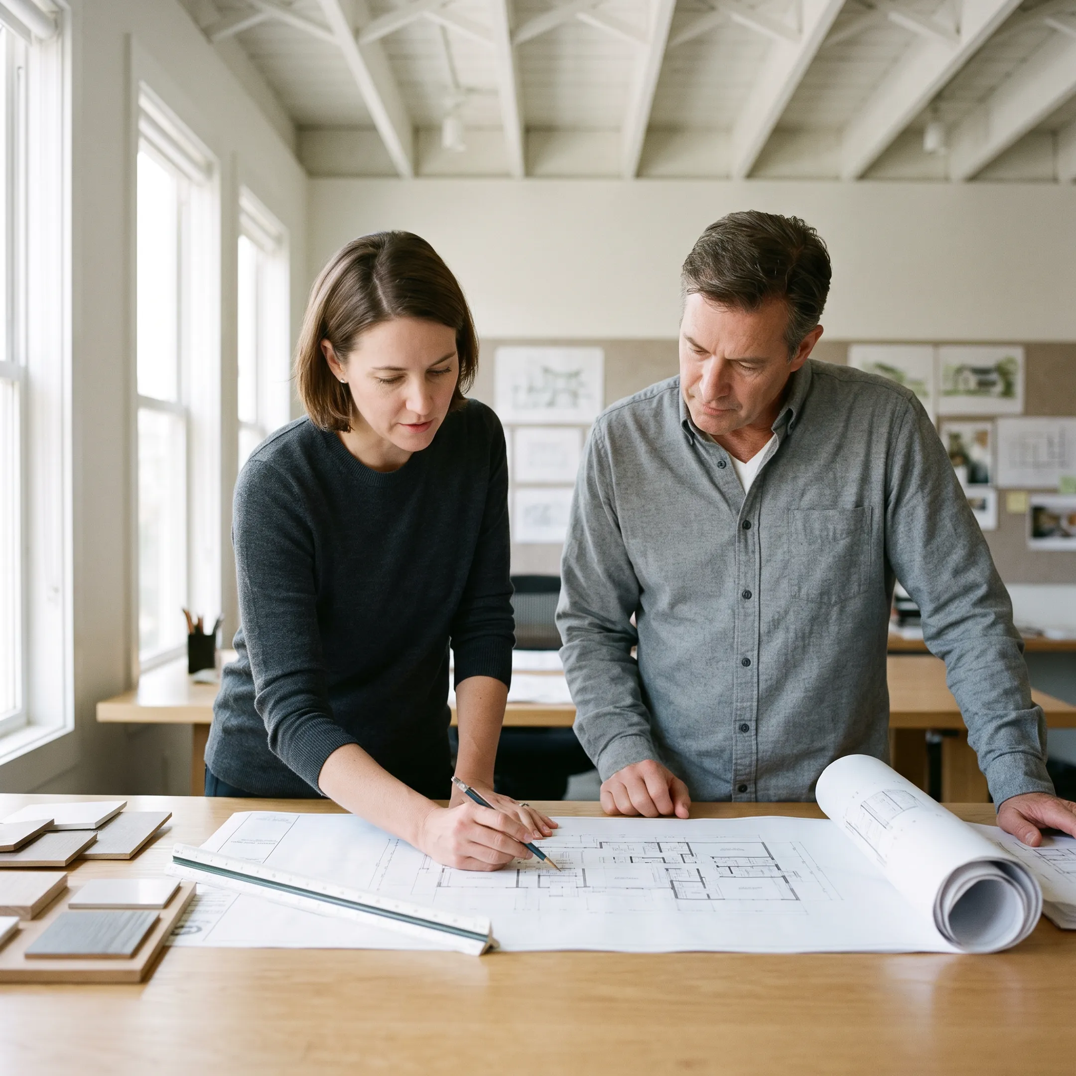 Architect reviewing home extension plans with a homeowner