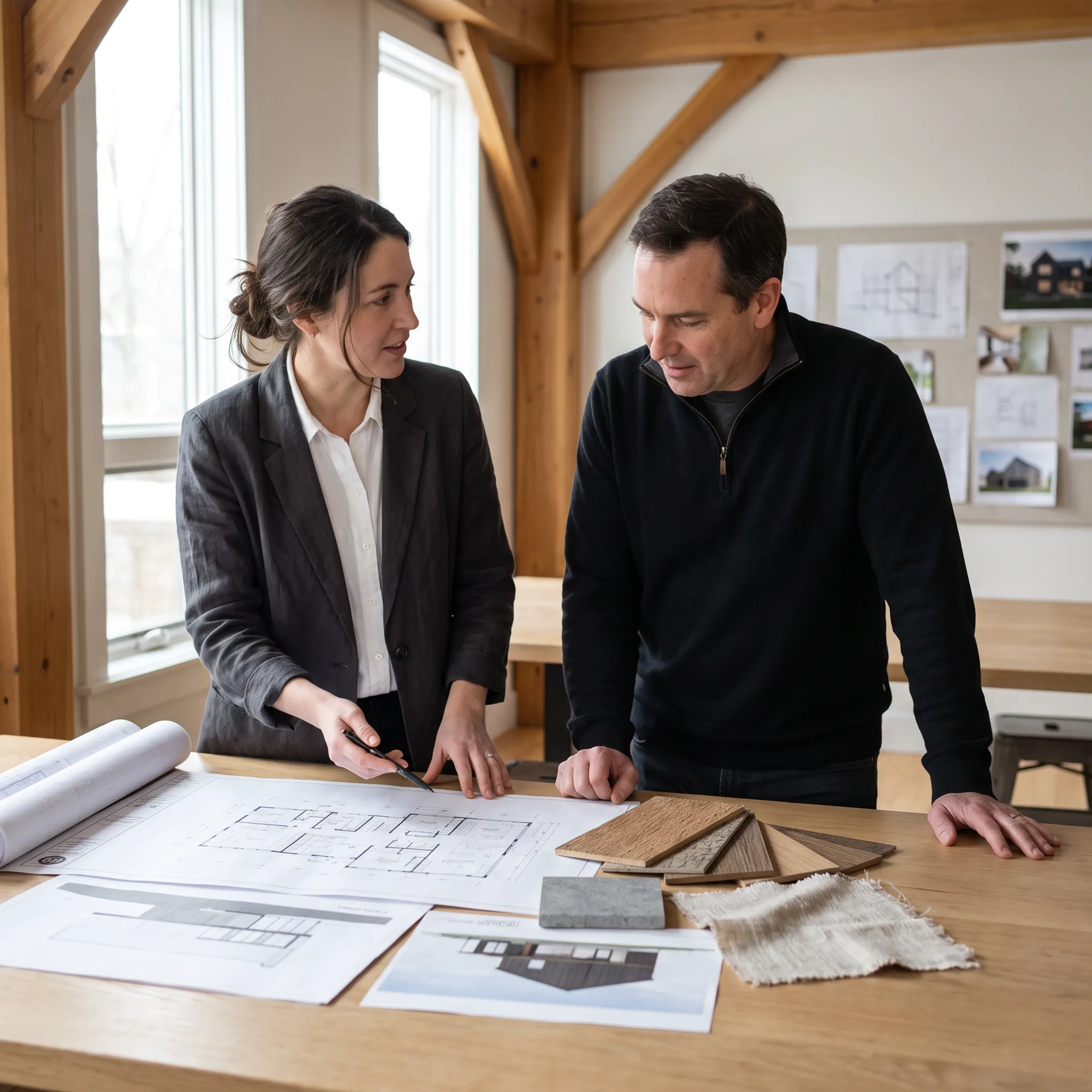Architect reviewing renovation plans with a homeowner