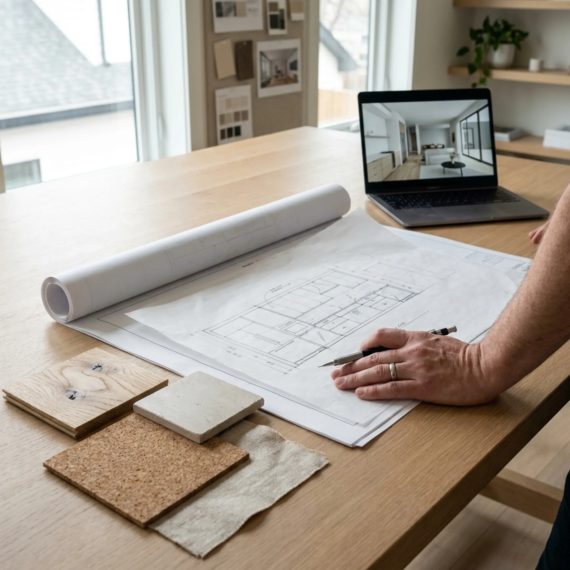 Home remodeling plans and material selections on a studio table
