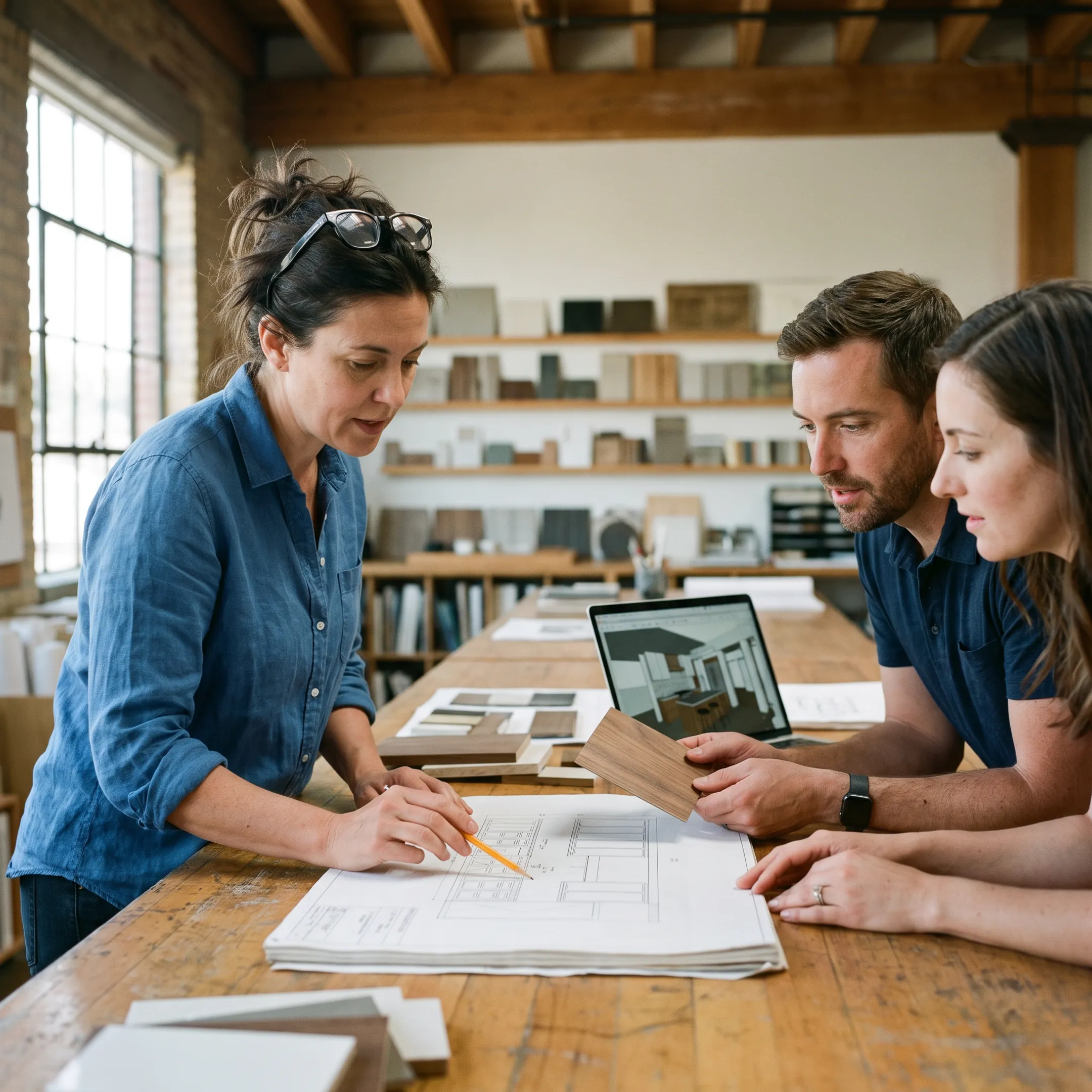 Architect reviewing a residential remodel design with homeowners