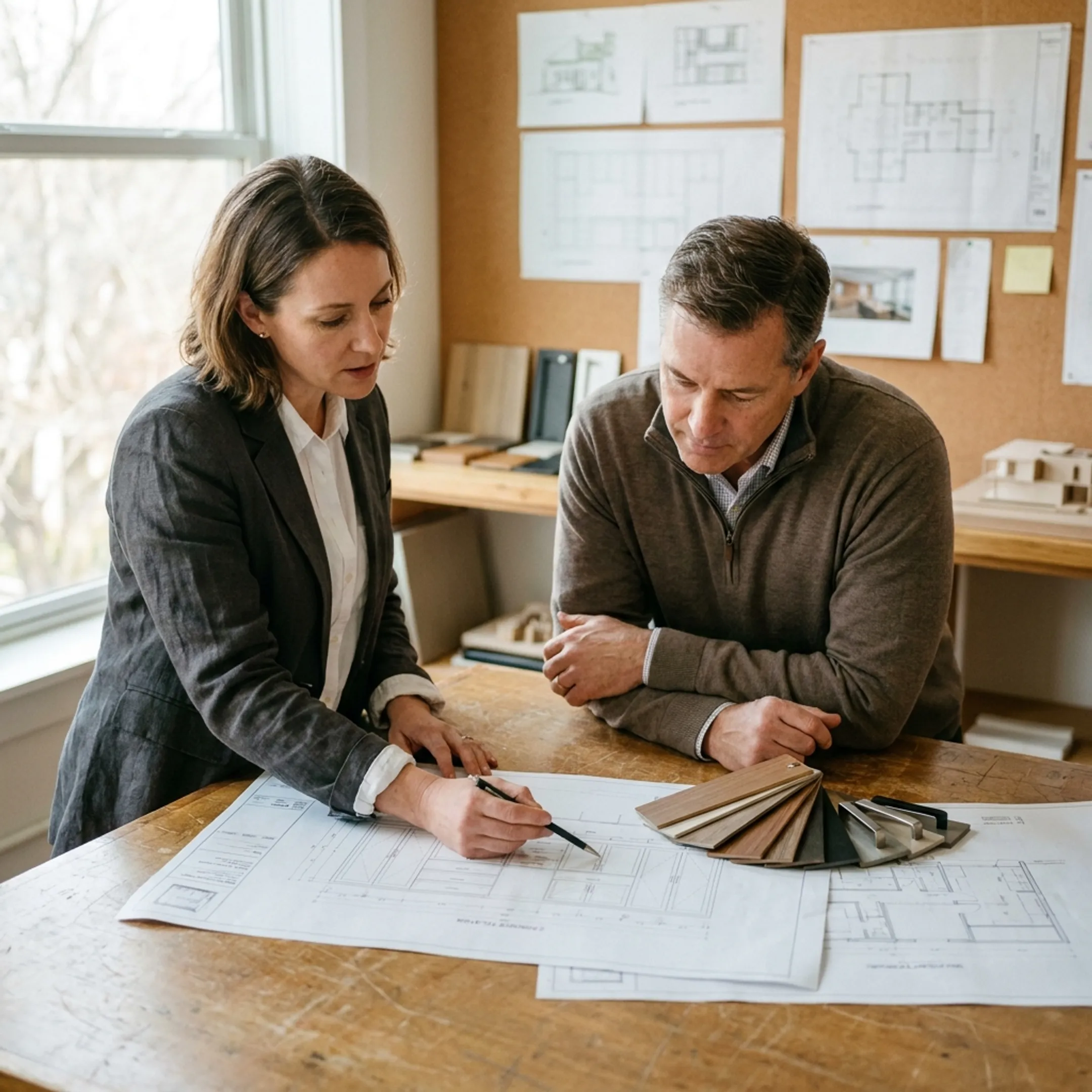 Designer reviewing custom cabinetry details with a residential client