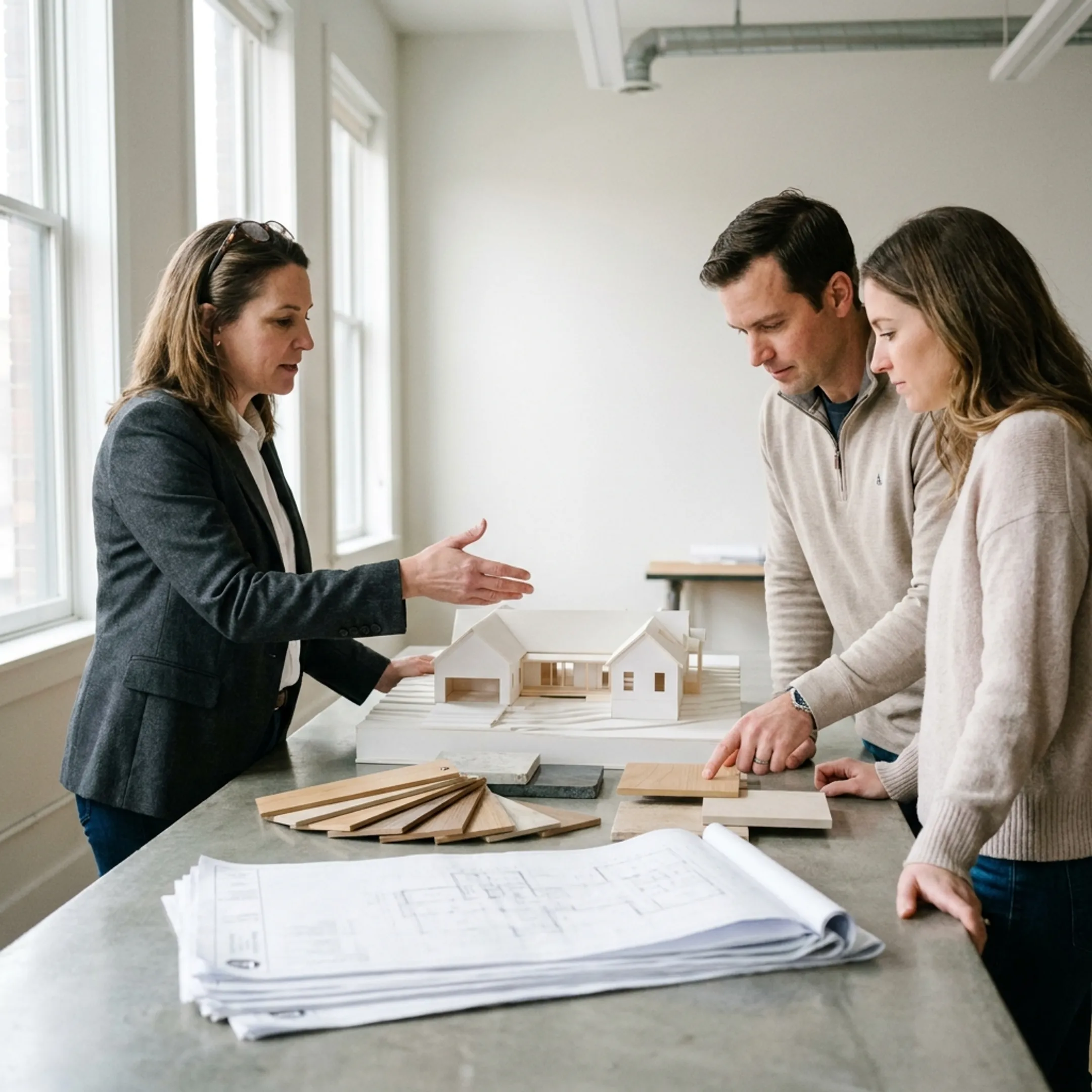Architect reviewing custom home renovation plans with homeowners