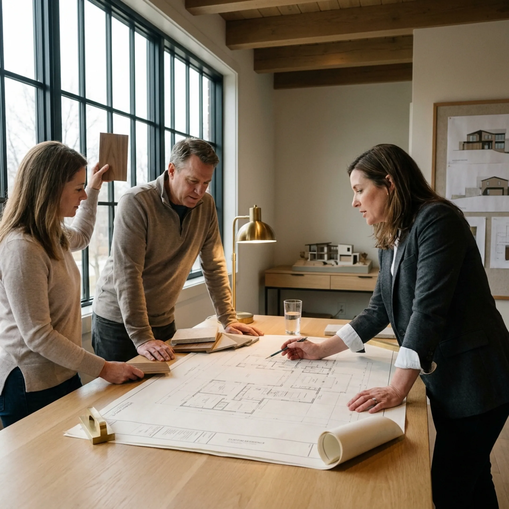 Architect reviewing custom home plans in a refined residential studio