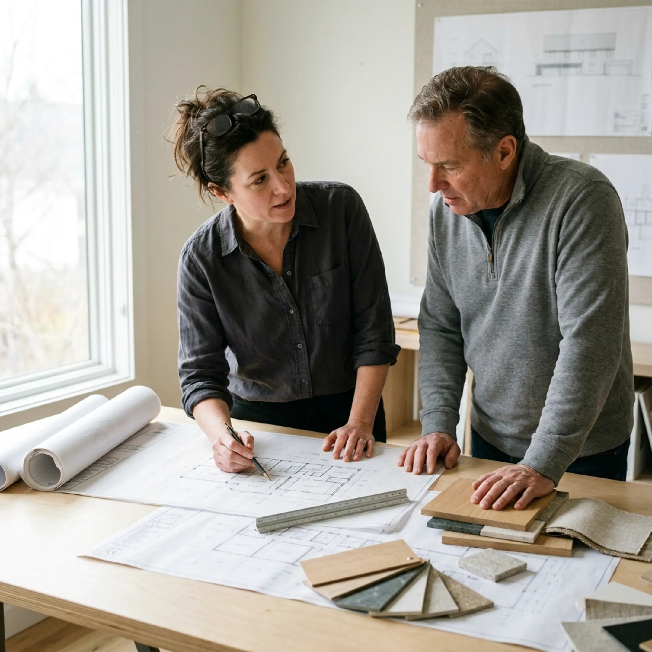 Architect reviewing residential remodeling plans with homeowner