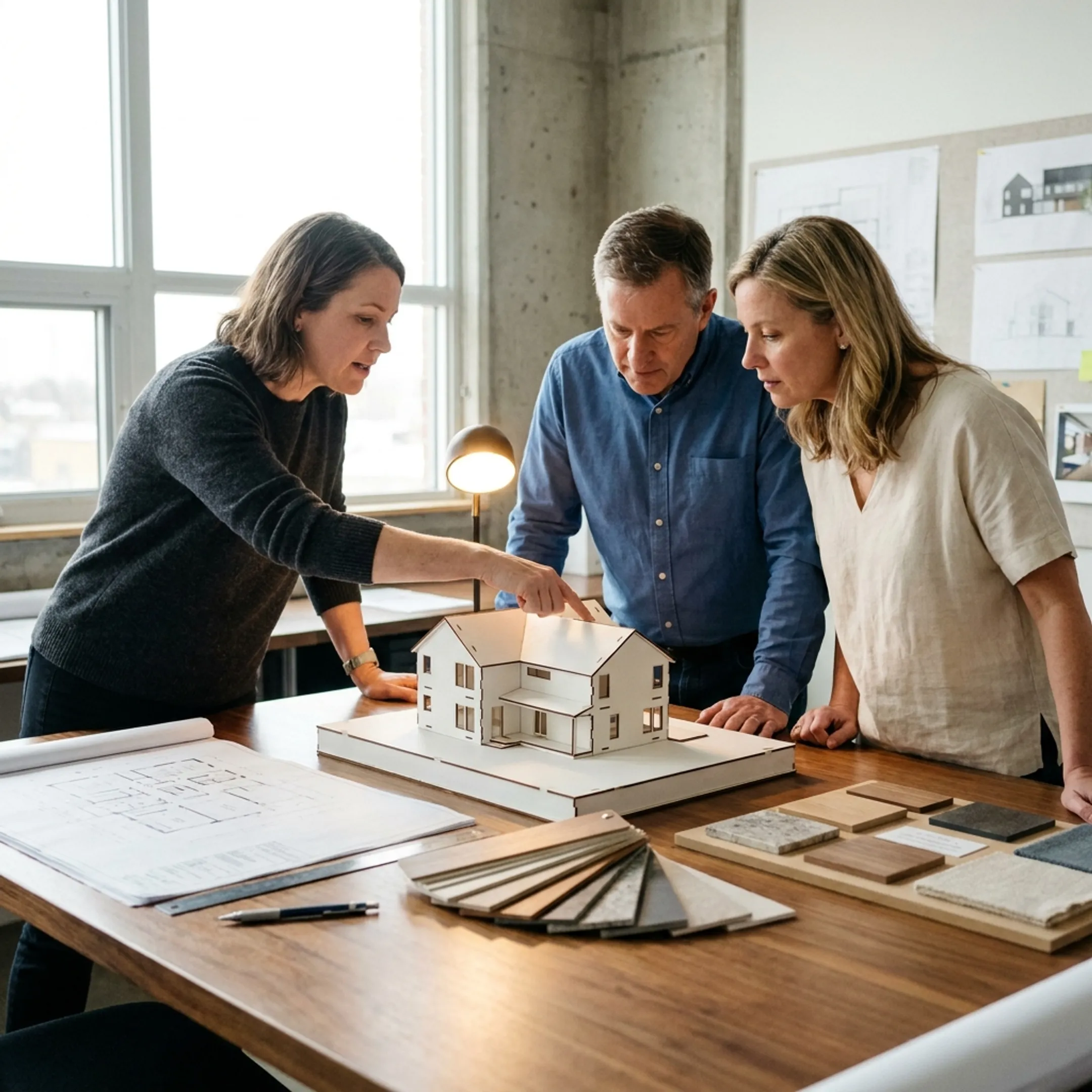 Architect reviewing custom home plans with homeowners