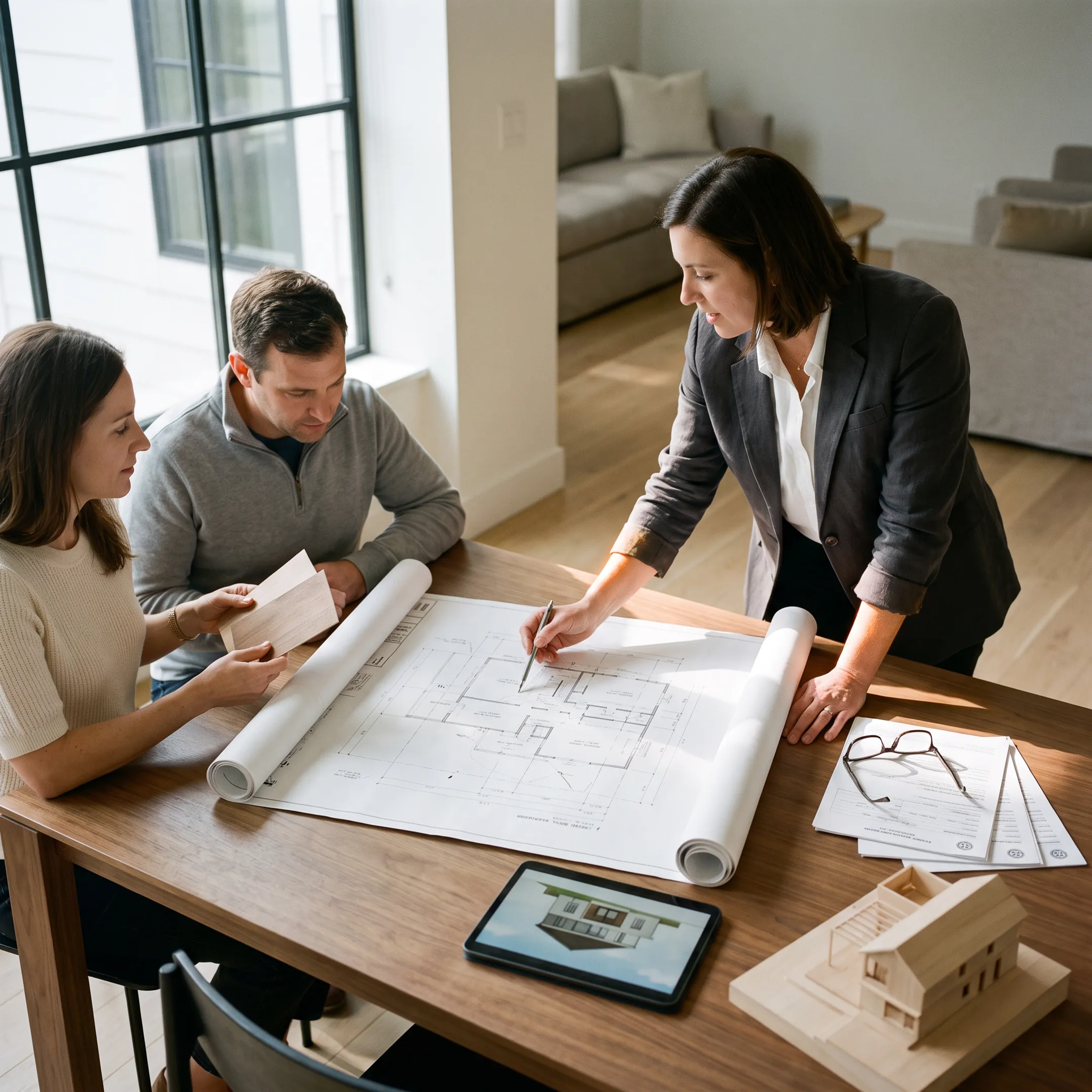 Architect and homeowners reviewing residential improvement plans