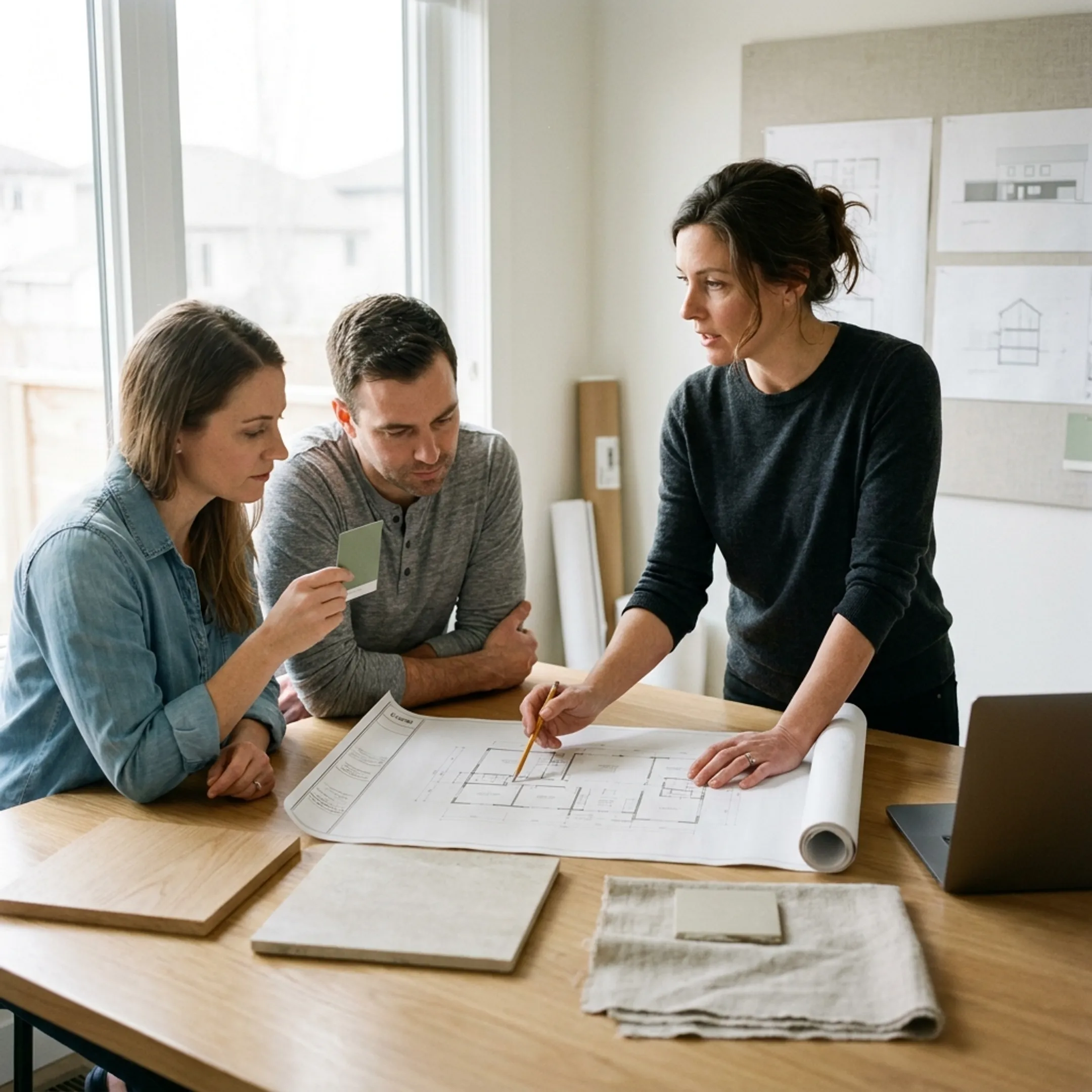 Architect reviewing residential remodeling plans with homeowners