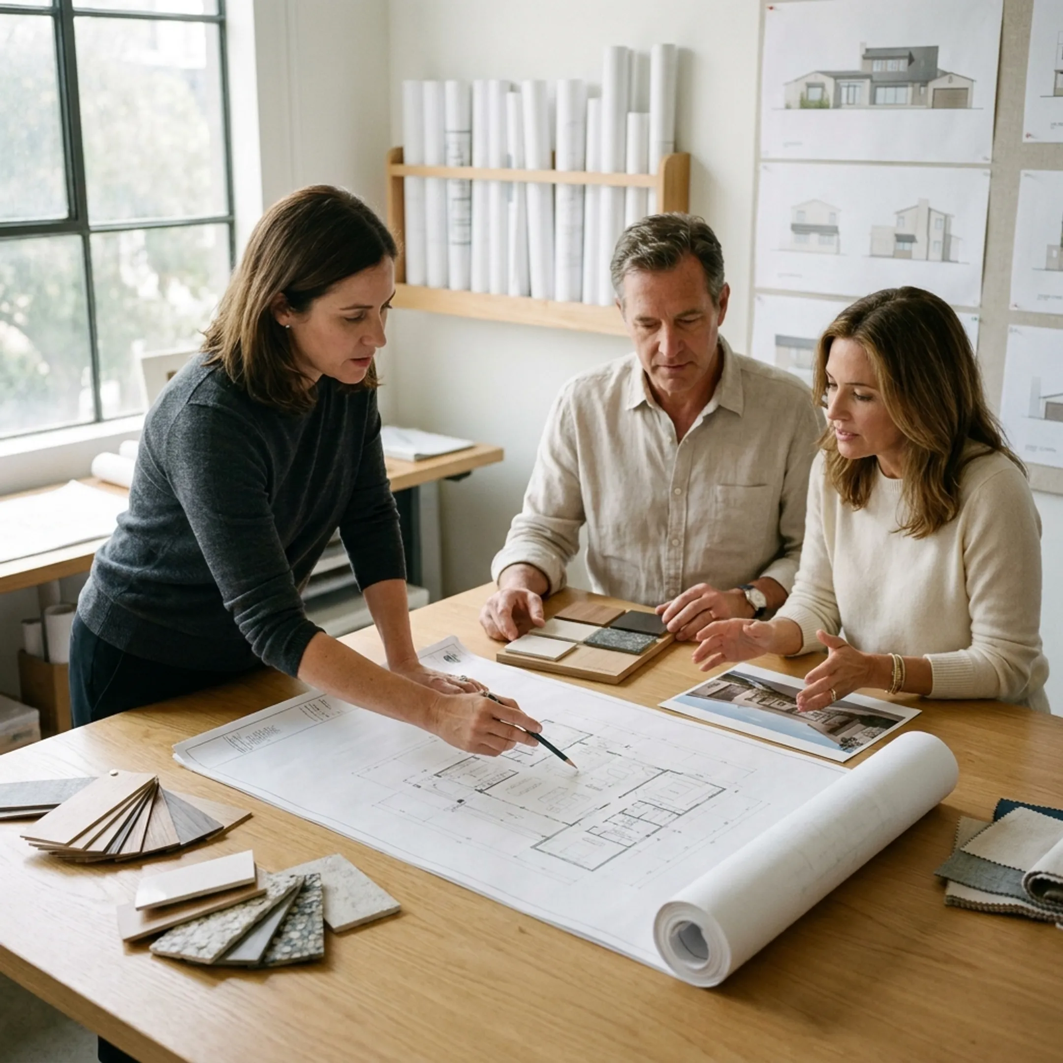 Architect reviewing custom house plans with homeowners