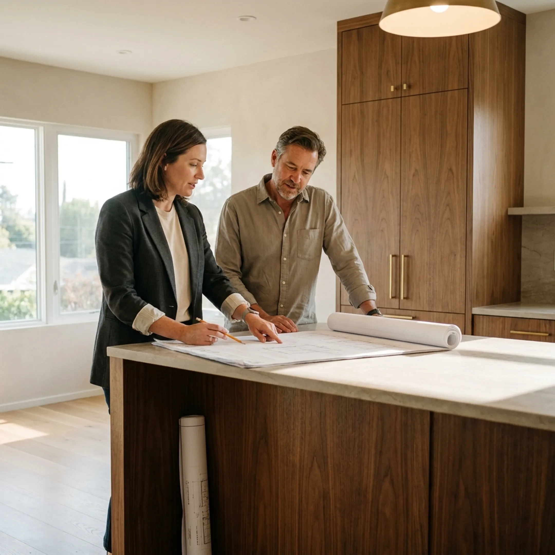 Architect reviewing plans in a refined renovated home interior